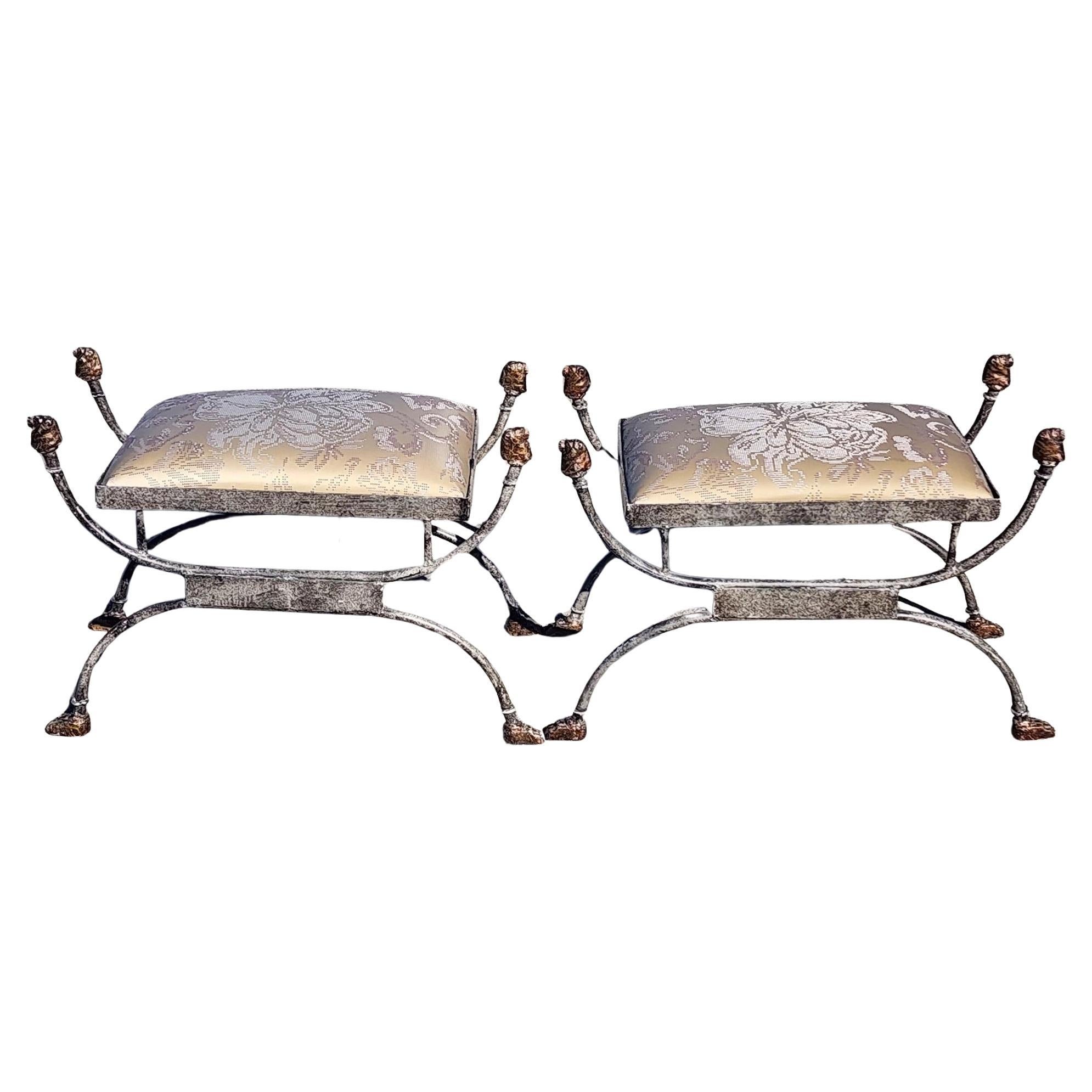 Pair of Curule Benches Footstools with Lion Motif