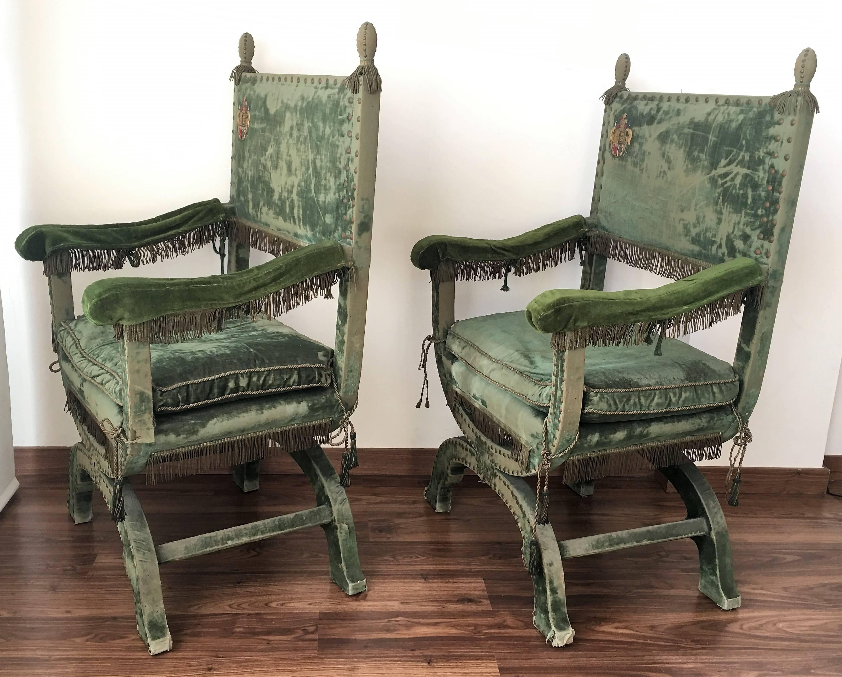 Baroque Pair of Curule Form Spanish Large Throne Armchairs