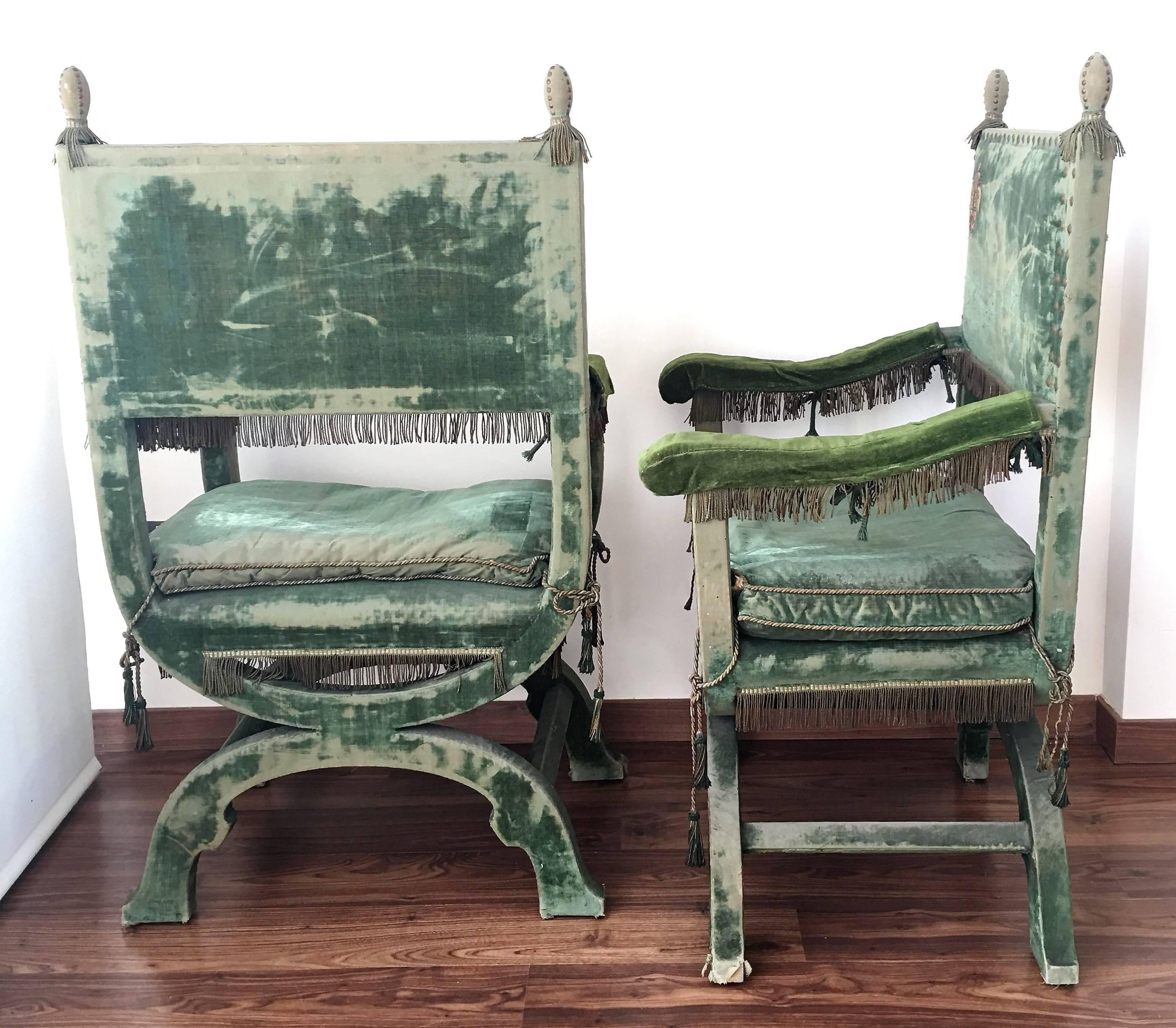 20th Century Pair of Curule Form Spanish Large Throne Armchairs