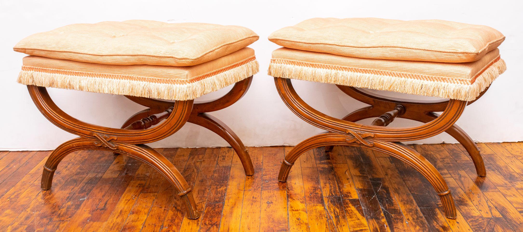 Mid-Century Modern Pair of Curule Mahogany Benches