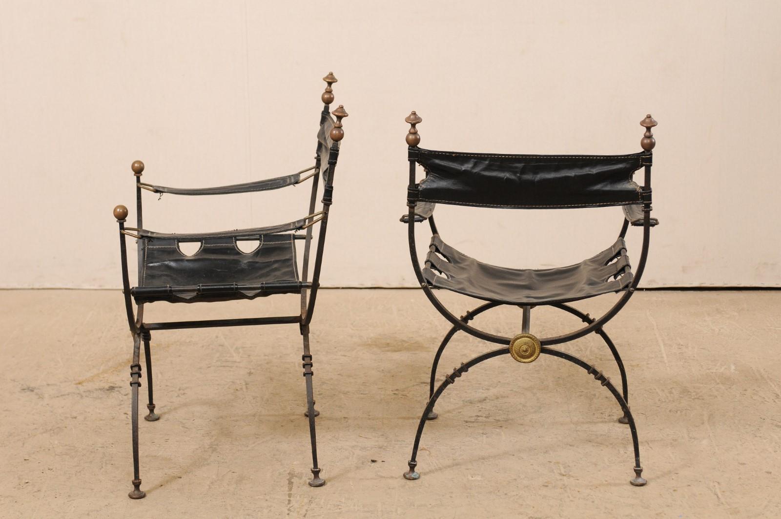 Brass Pair of Curule Savonarola Italian Black Leather Chairs from Early 20th Century
