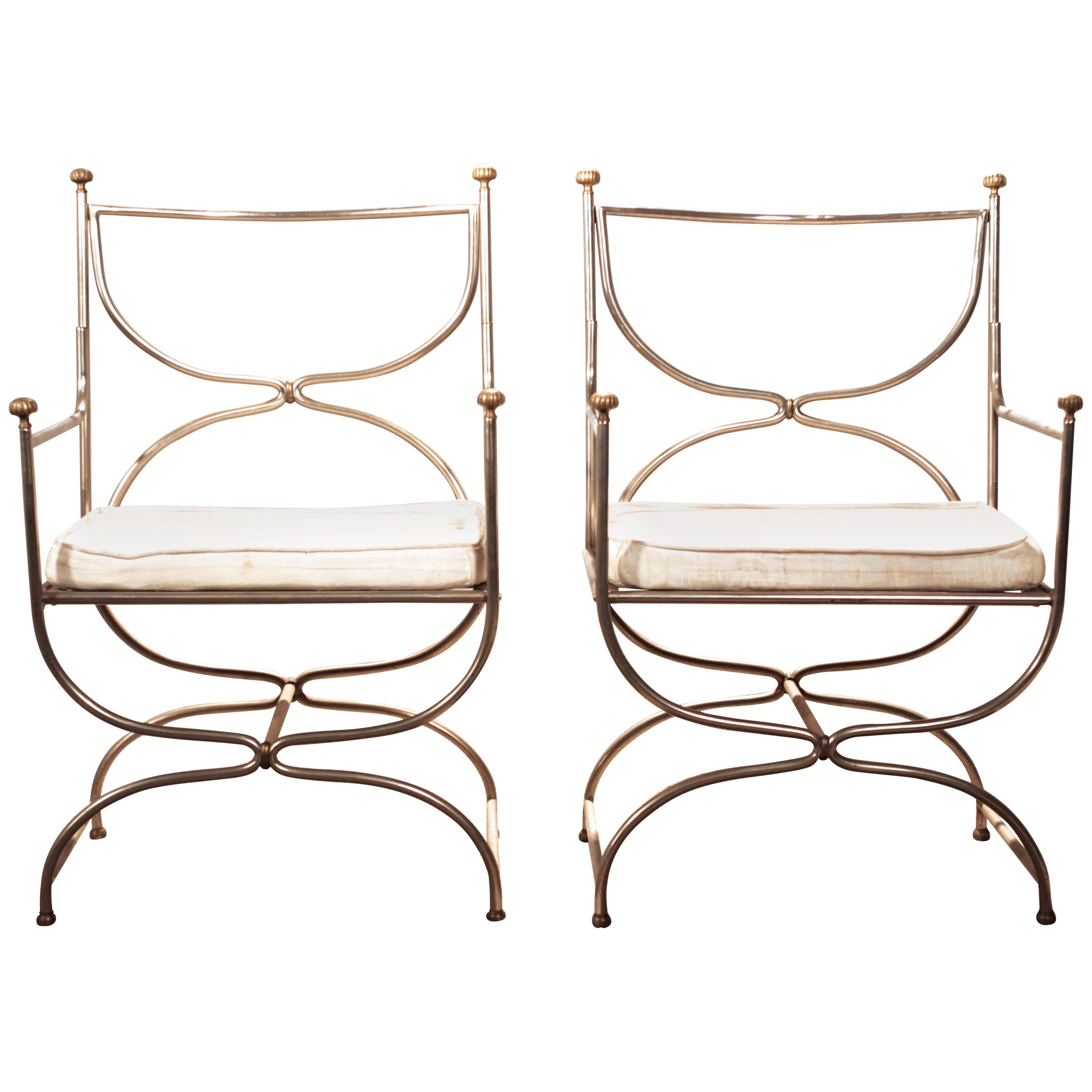 Pair of Curule Steel Brass Chairs Maison Jansen, Cushions, 1960s