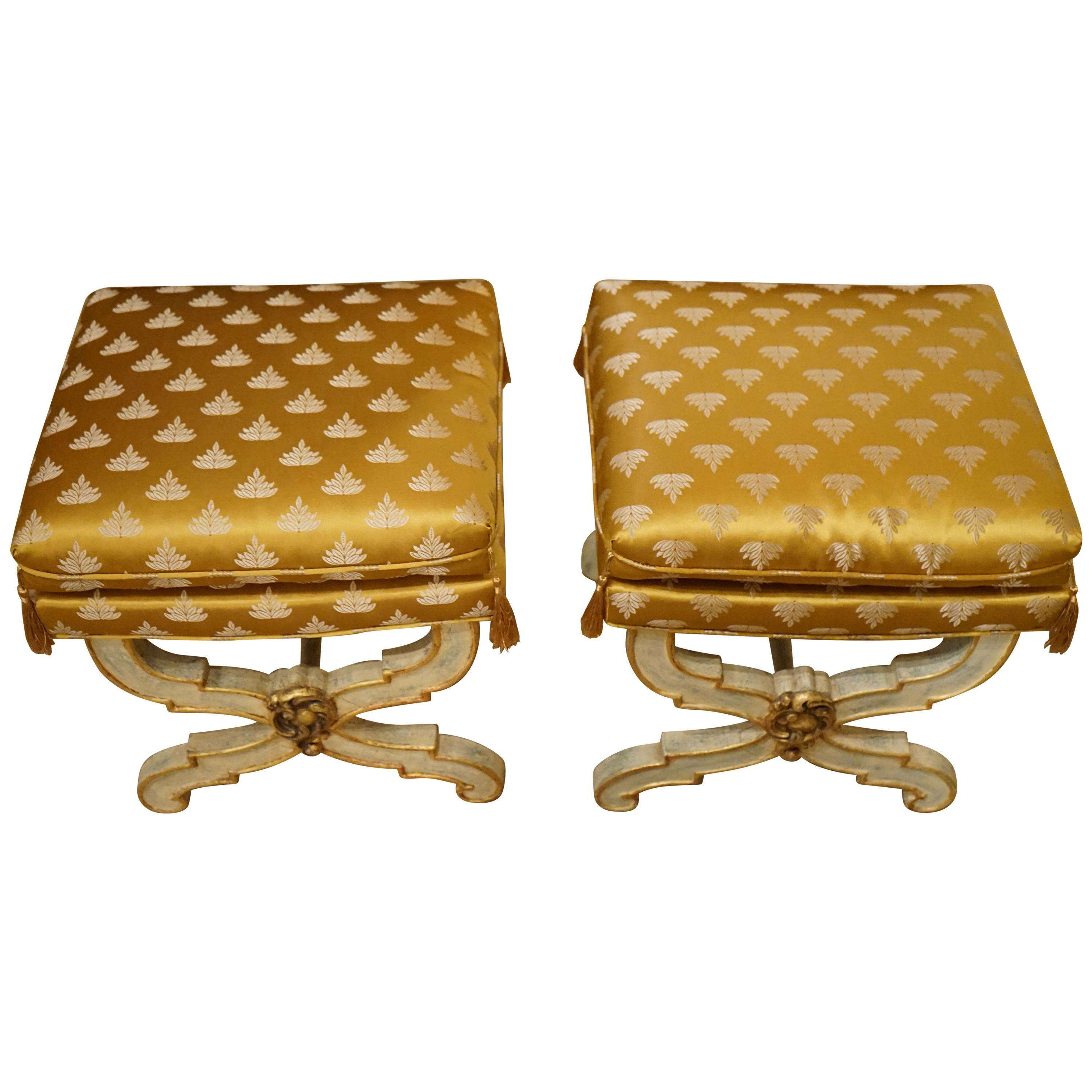 Pair of Curule Stool Benches with Silk Upholstery