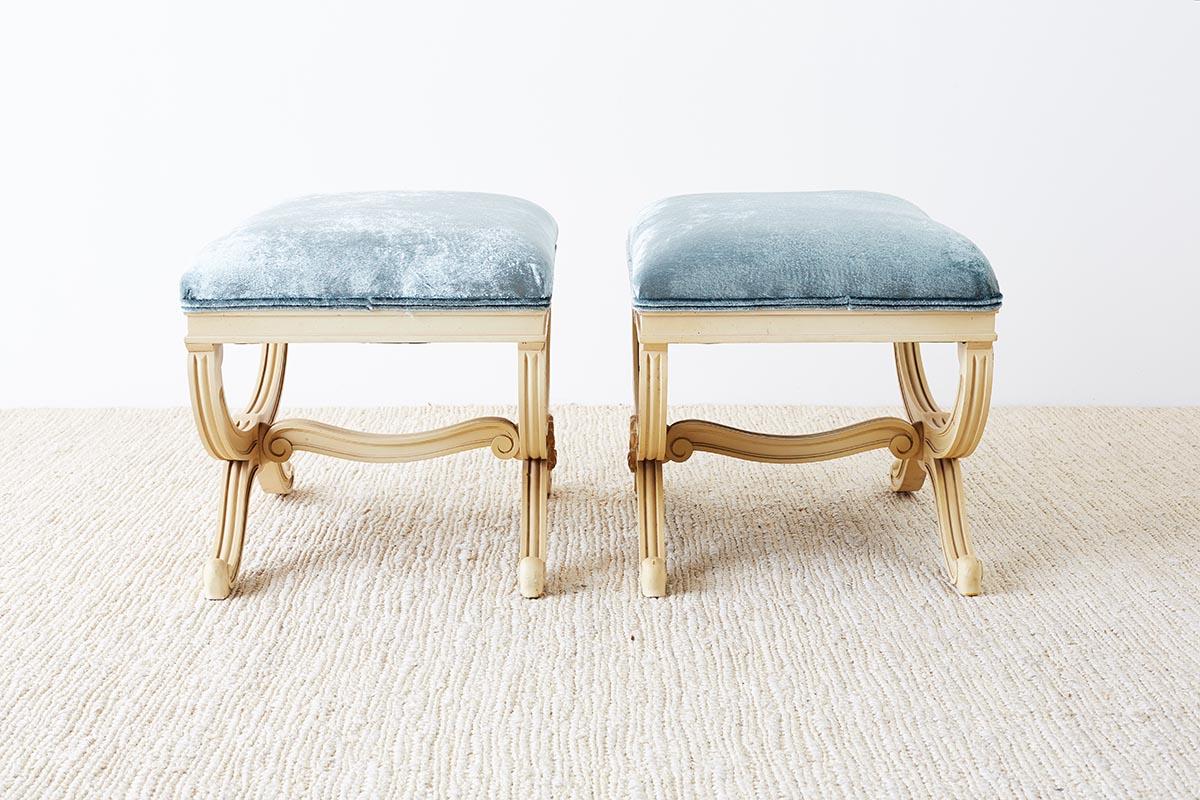 Pair of Curule Stool Benches with Velvet Upholstery 4