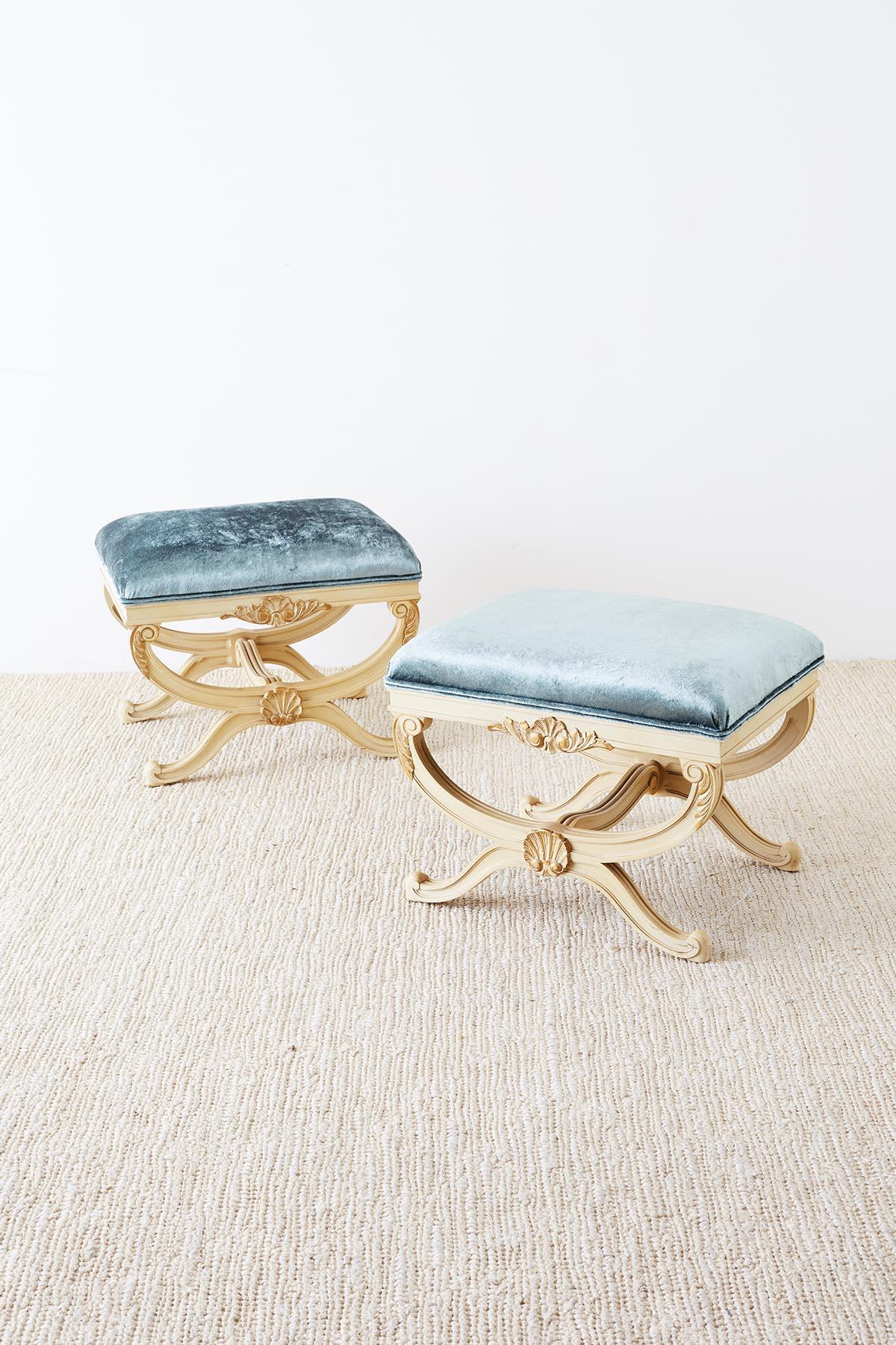 Pair of Curule Stool Benches with Velvet Upholstery (Hollywood Regency)