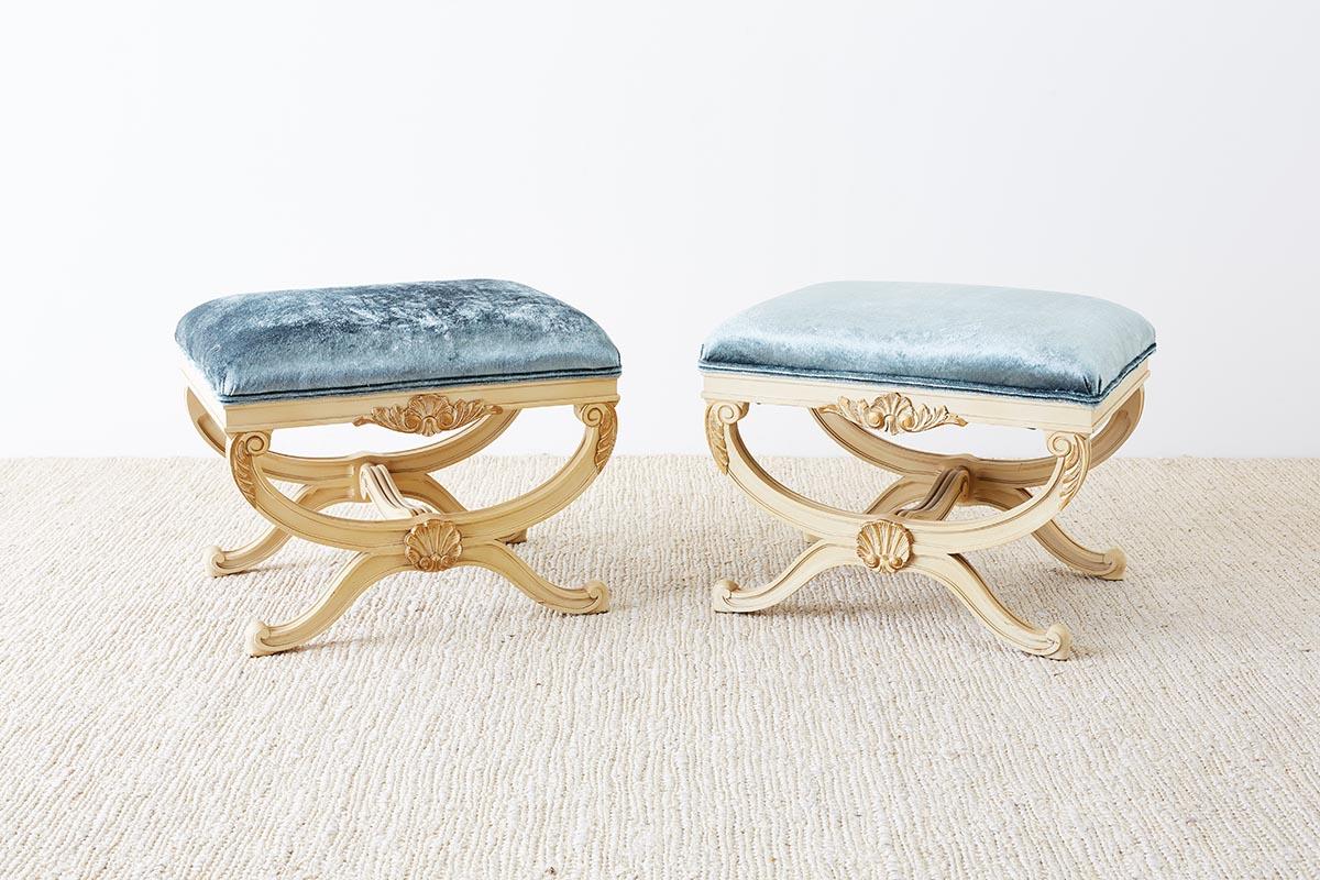 American Pair of Curule Stool Benches with Velvet Upholstery