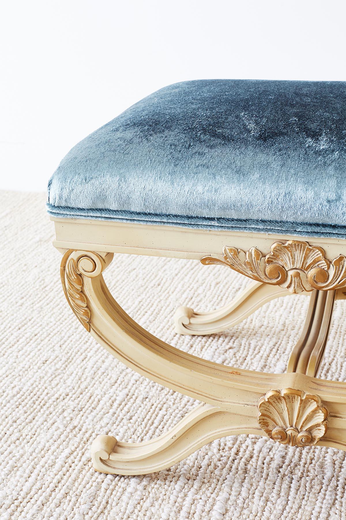 Pair of Curule Stool Benches with Velvet Upholstery In Good Condition In Rio Vista, CA