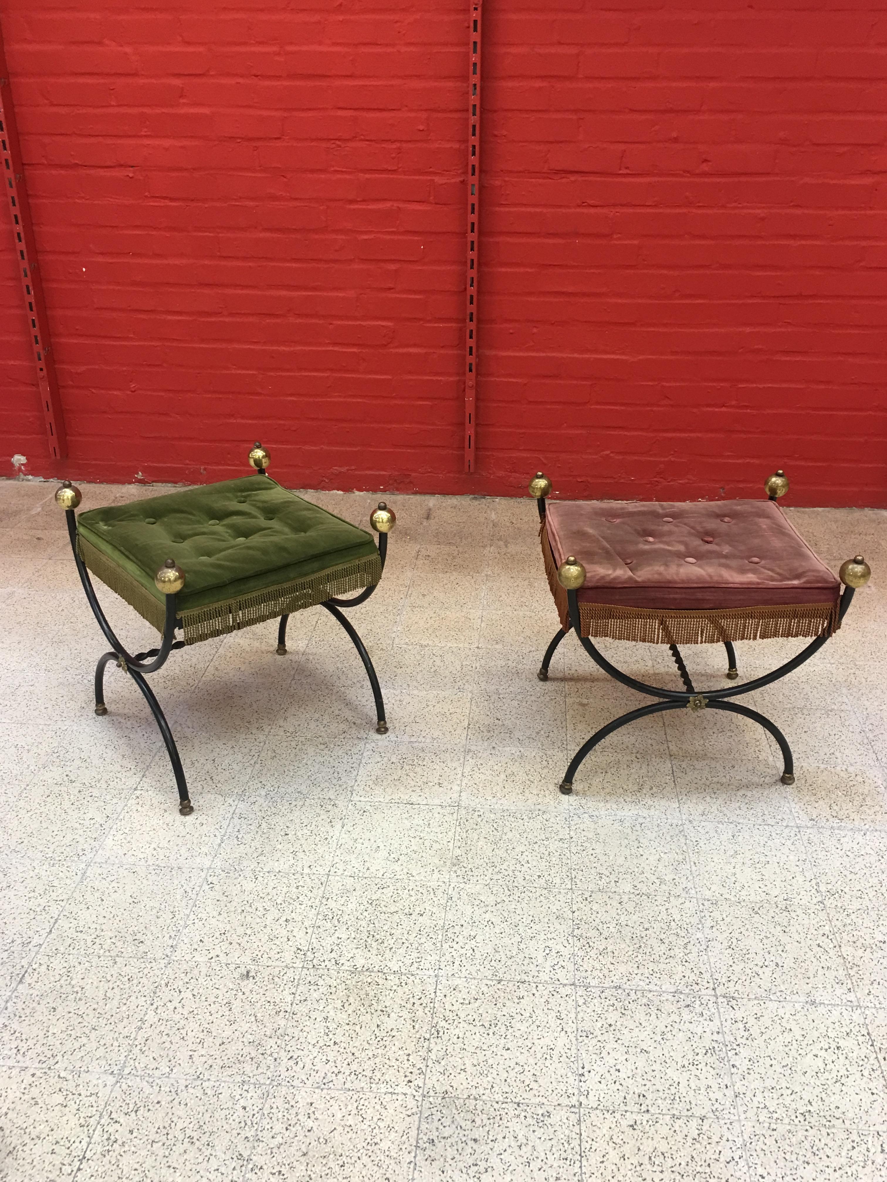 2 Curule Stools in Lacquered Metal, Brass and Velvet, circa 1950, Maison Jansen  For Sale 1