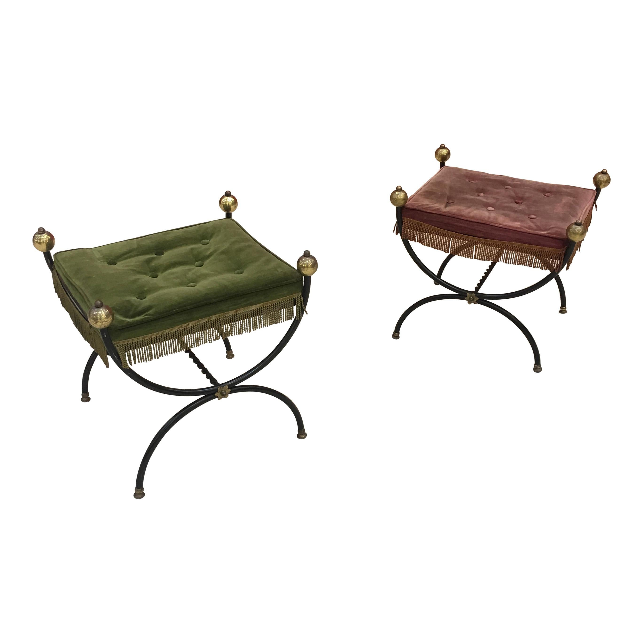 2 Curule Stools in Lacquered Metal, Brass and Velvet, circa 1950