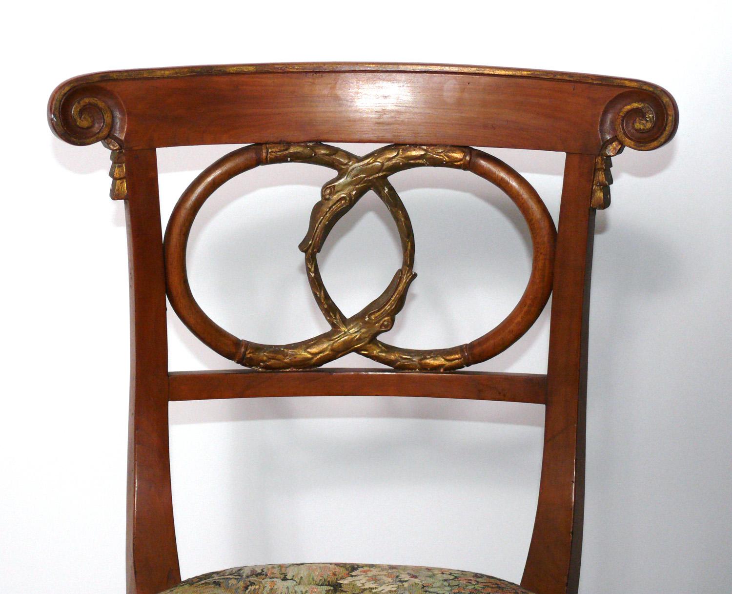 Pair of Curvaceous Italian Chairs with Gilt Ouroboros Decoration In Good Condition For Sale In Atlanta, GA