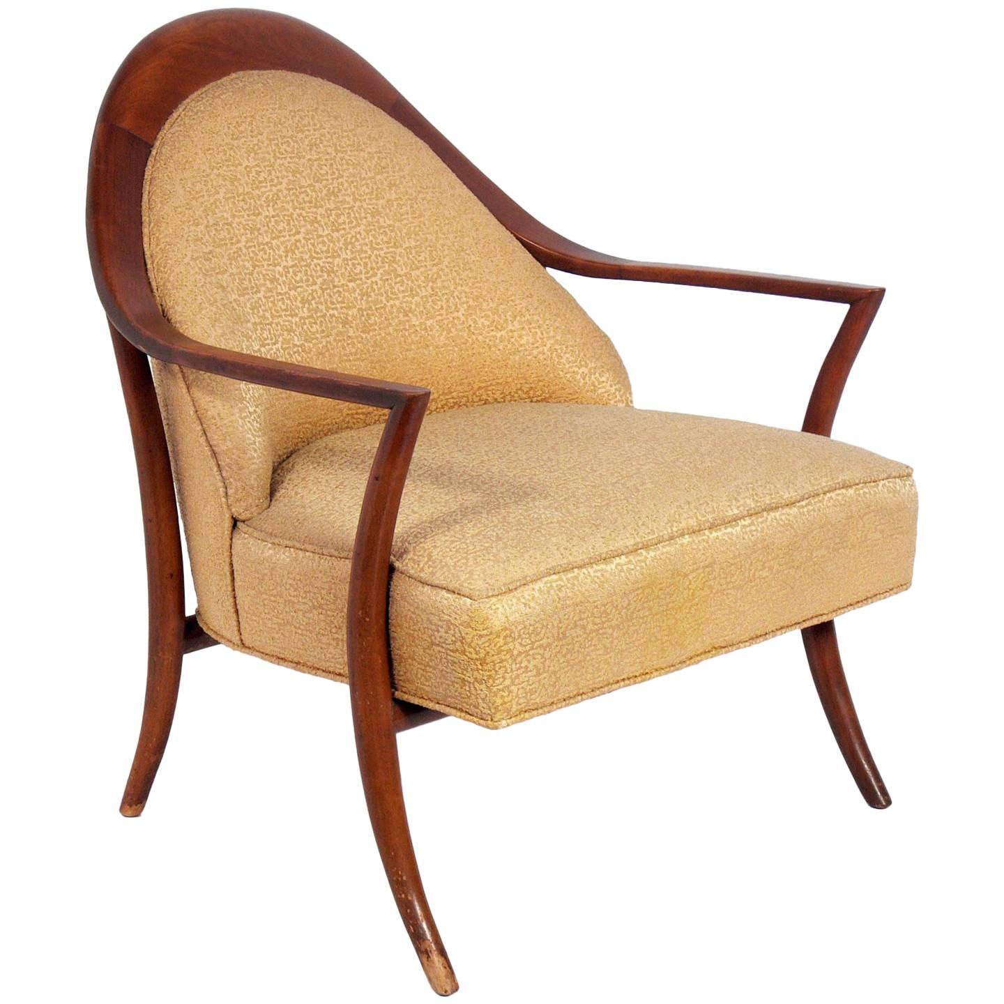 Curvaceous lounge chairs, designed by T.H. Robsjohn-Gibbings for Widdicomb, American, circa 1950s. These chairs are currently being refinished and reupholstered. They can be completed in your choice of finish color and reupholstered in your fabric.