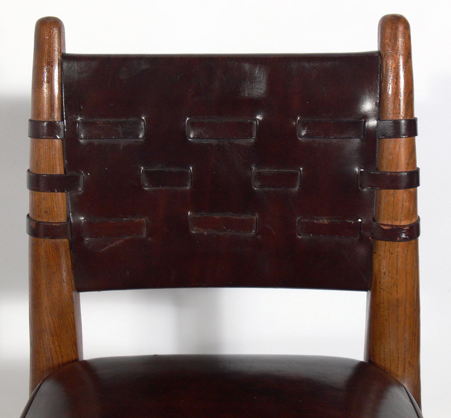 Mid-20th Century Pair of Curvaceous Oak Leather and Brass Bar Stools