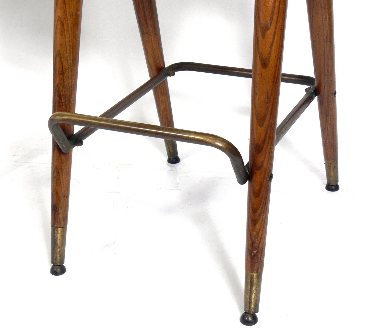 Pair of Curvaceous Oak Leather and Brass Bar Stools 1