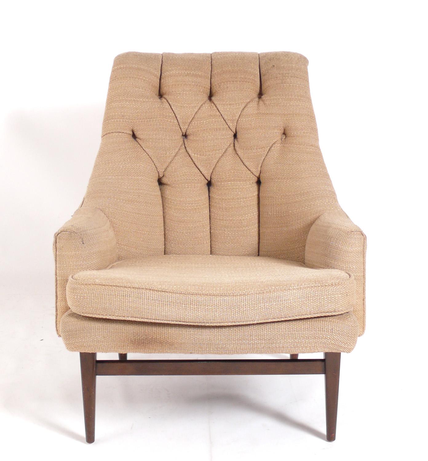 Pair of Curvaceous Mid Century Tufted Lounge Chairs, attributed to Edward Wormley for Dunbar, unsigned, American, circa 1950s. These chairs are currently being refinished and reupholstered and can be completed in your choice of finish color and