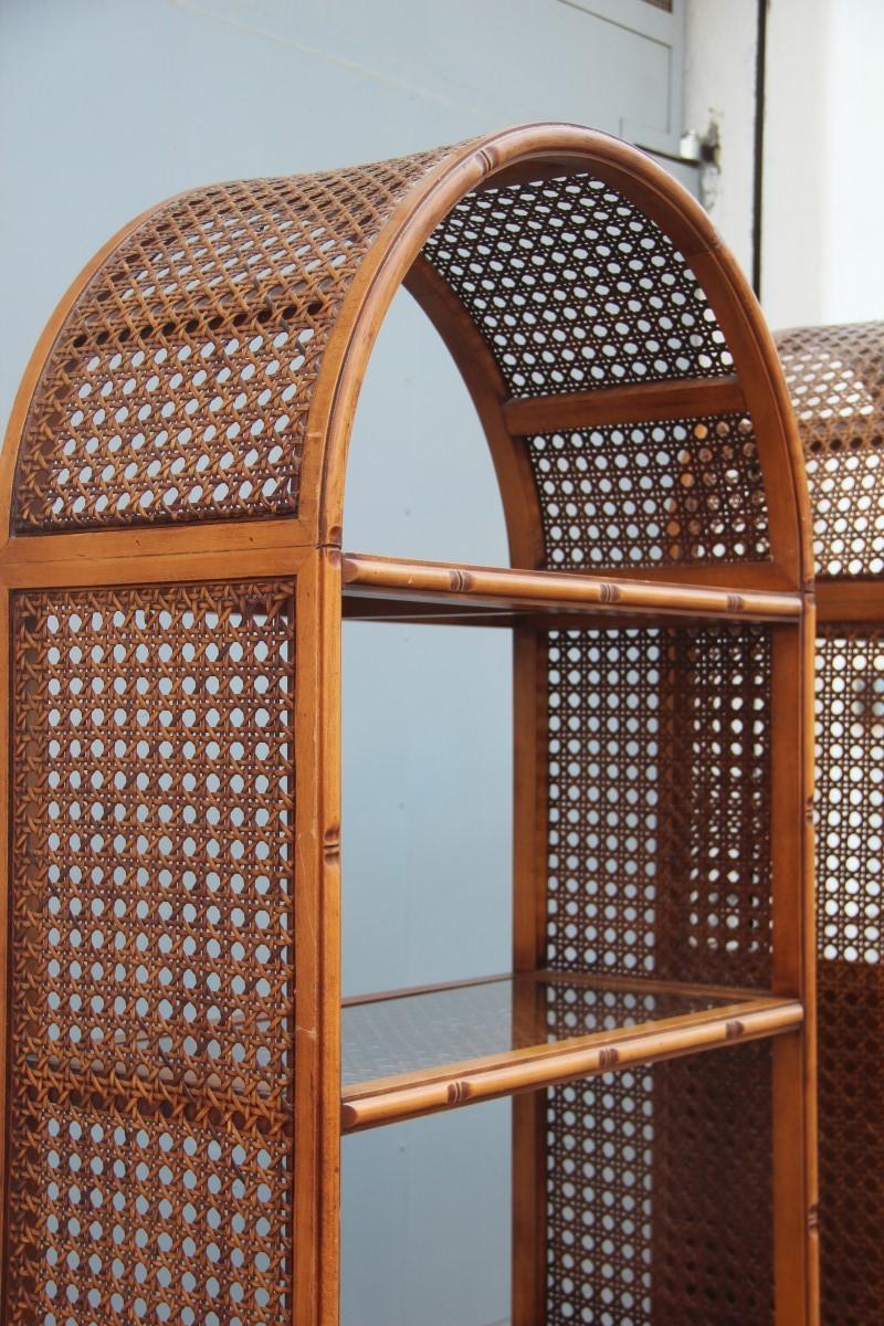 Italian Pair of Curvate Bookcases Shelves in Brown Bamboo with Compartments