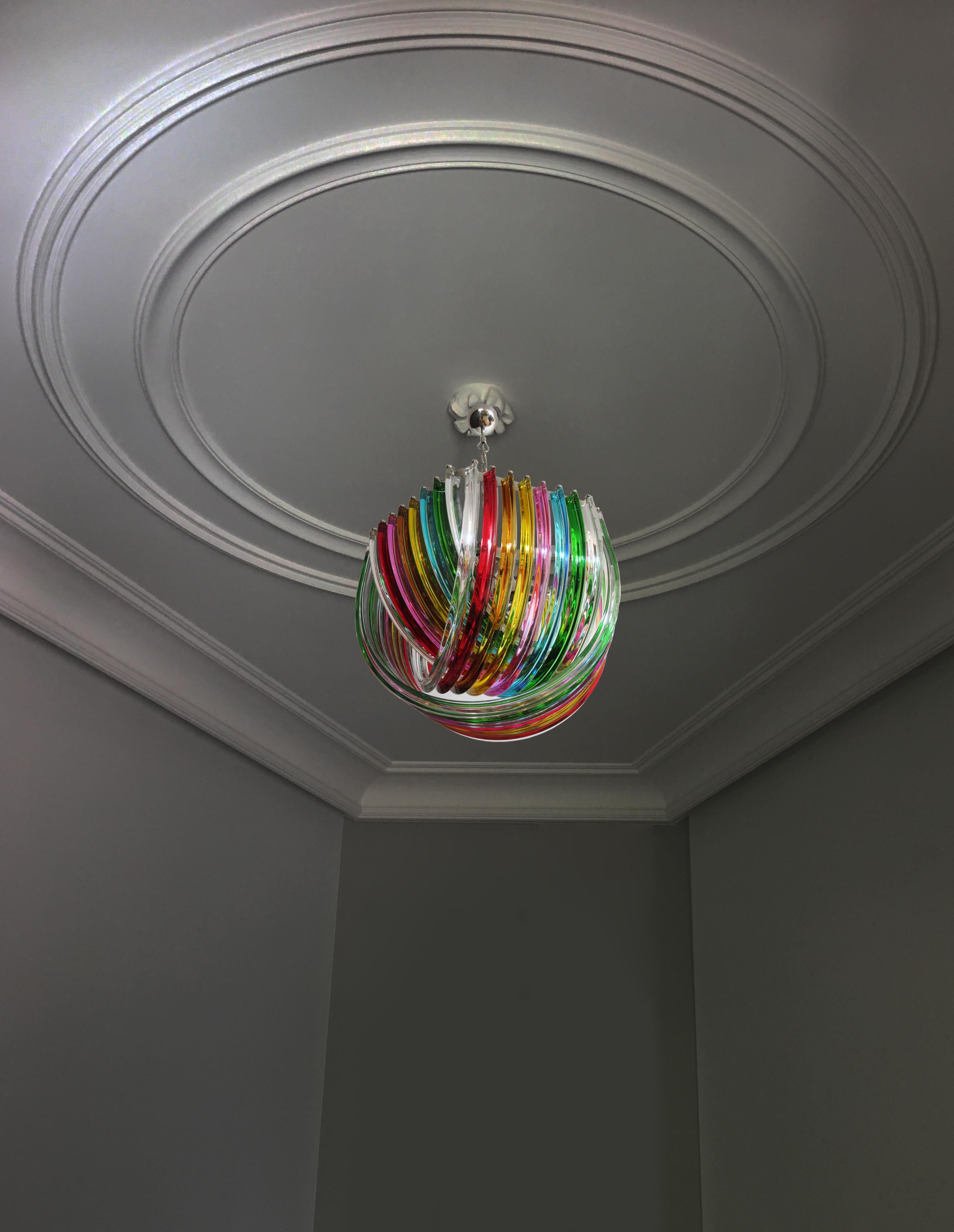 Metal Pair of Curvati Rainbow Ceiling Lights, Multicolored Triedri, 24 Murano Glasses