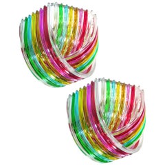 Pair of Curvati Rainbow Ceiling Lights, Multicolored Triedri, 24 Murano Glasses