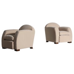 Pair of Curved Arm Club Chairs, Upholstered in Ivory Mohair