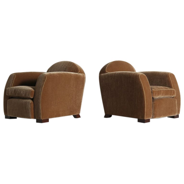 Pair of Curved Arm Club Chairs, Upholstered in Pure Mohair