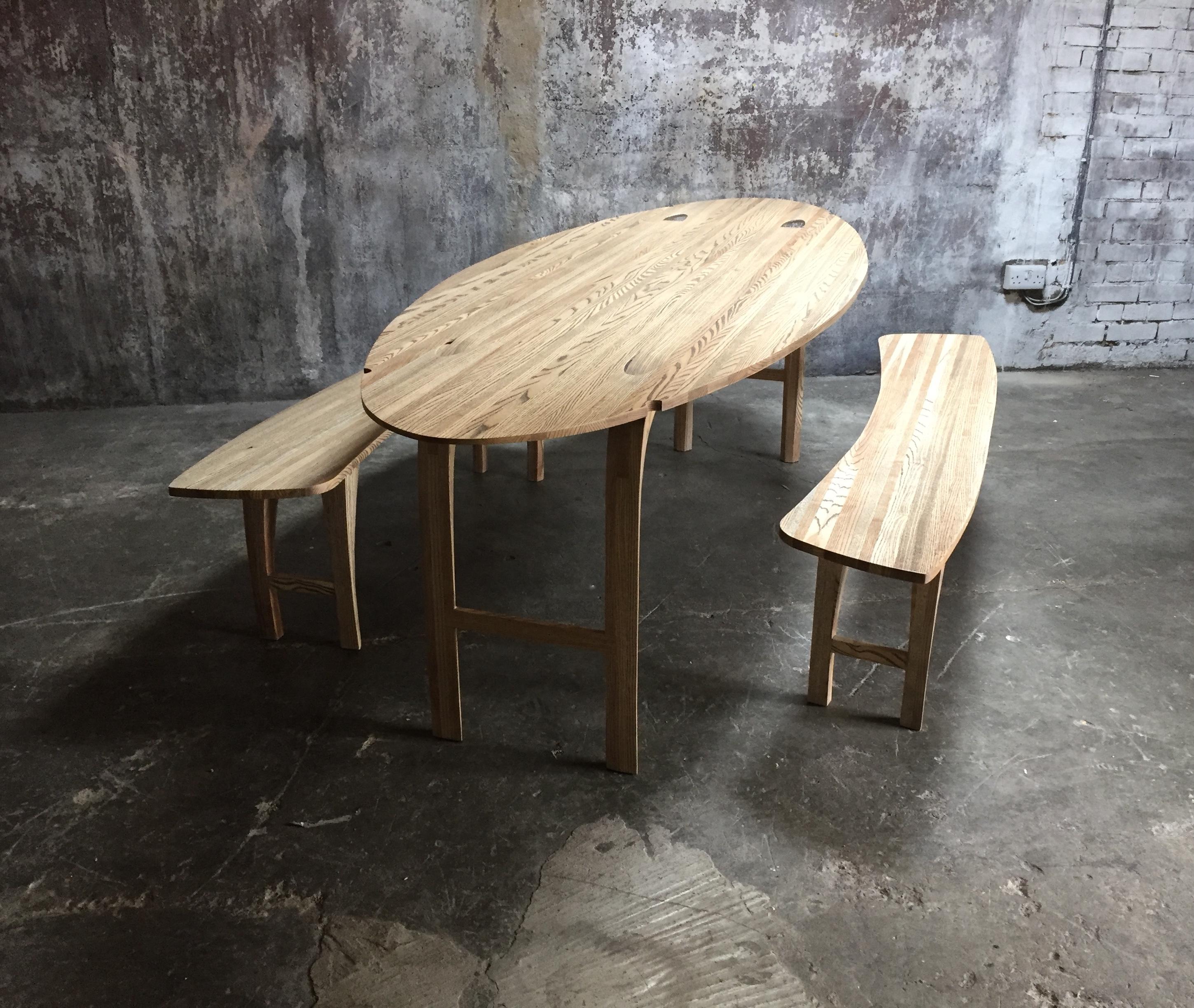 Modern Two Curved Ash Benches by Jonathan Field for an Oval Table