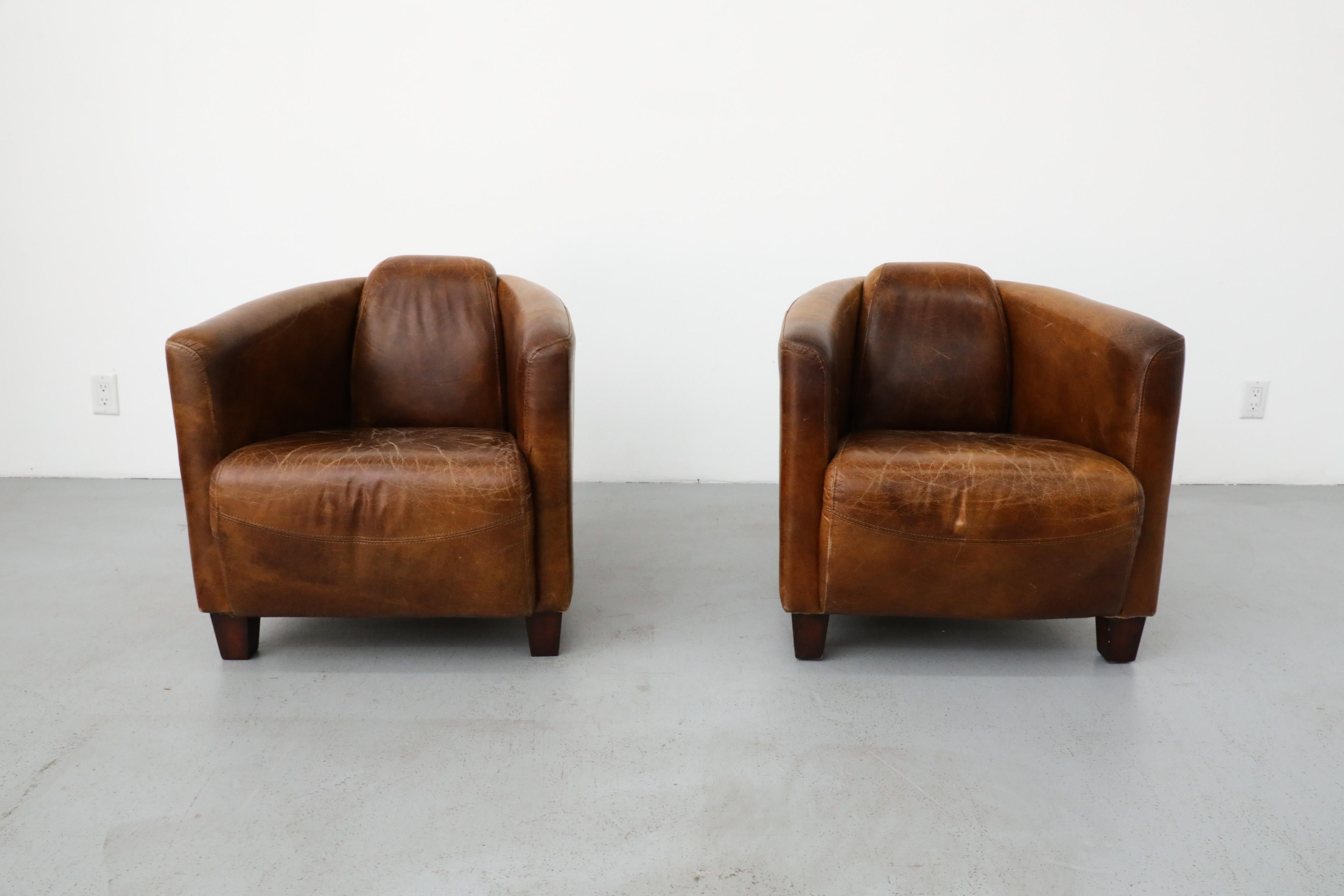 Pair of Curved Aviator Model Brown Leather Lounge Chairs 4