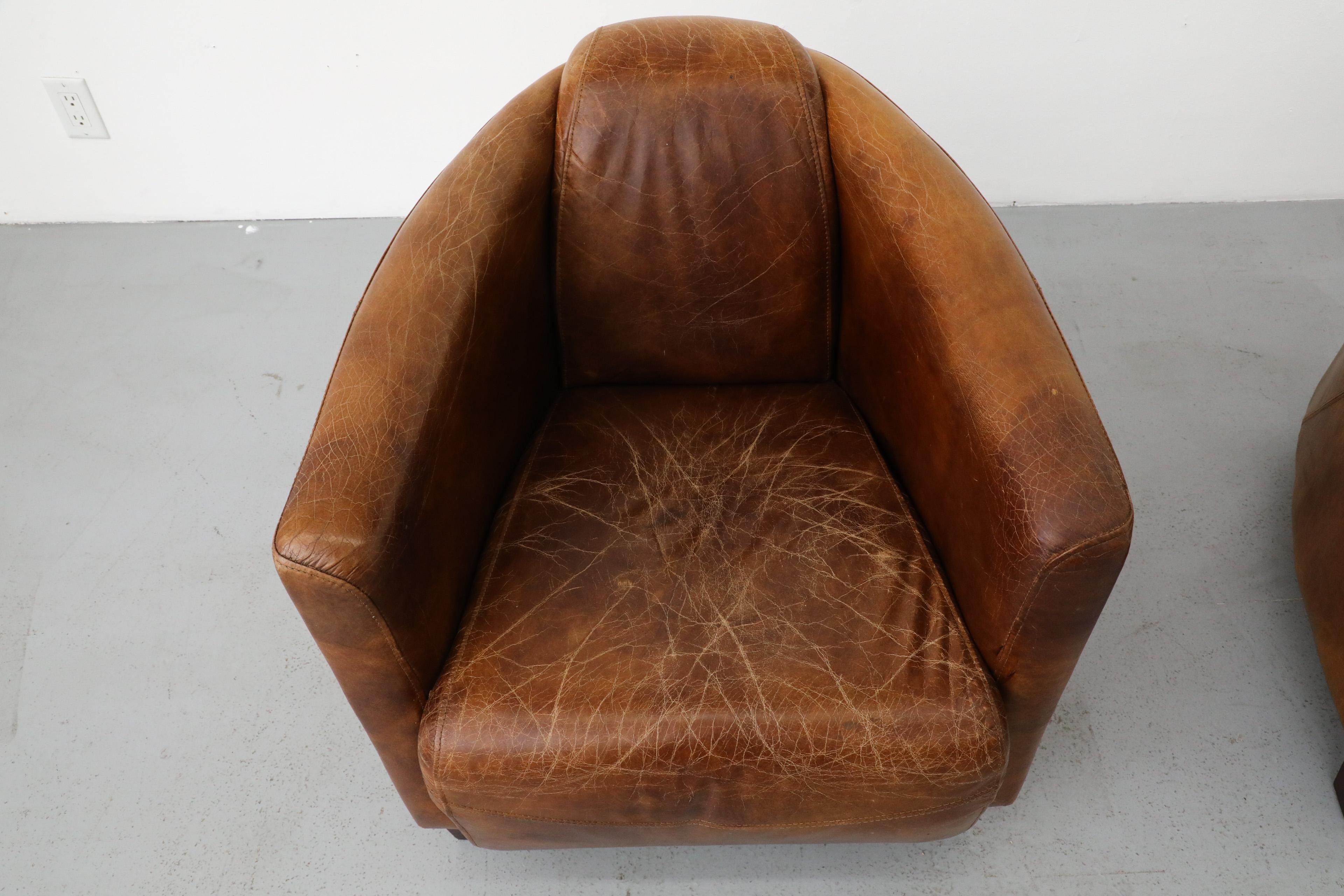 Pair of Curved Aviator Model Brown Leather Lounge Chairs 5