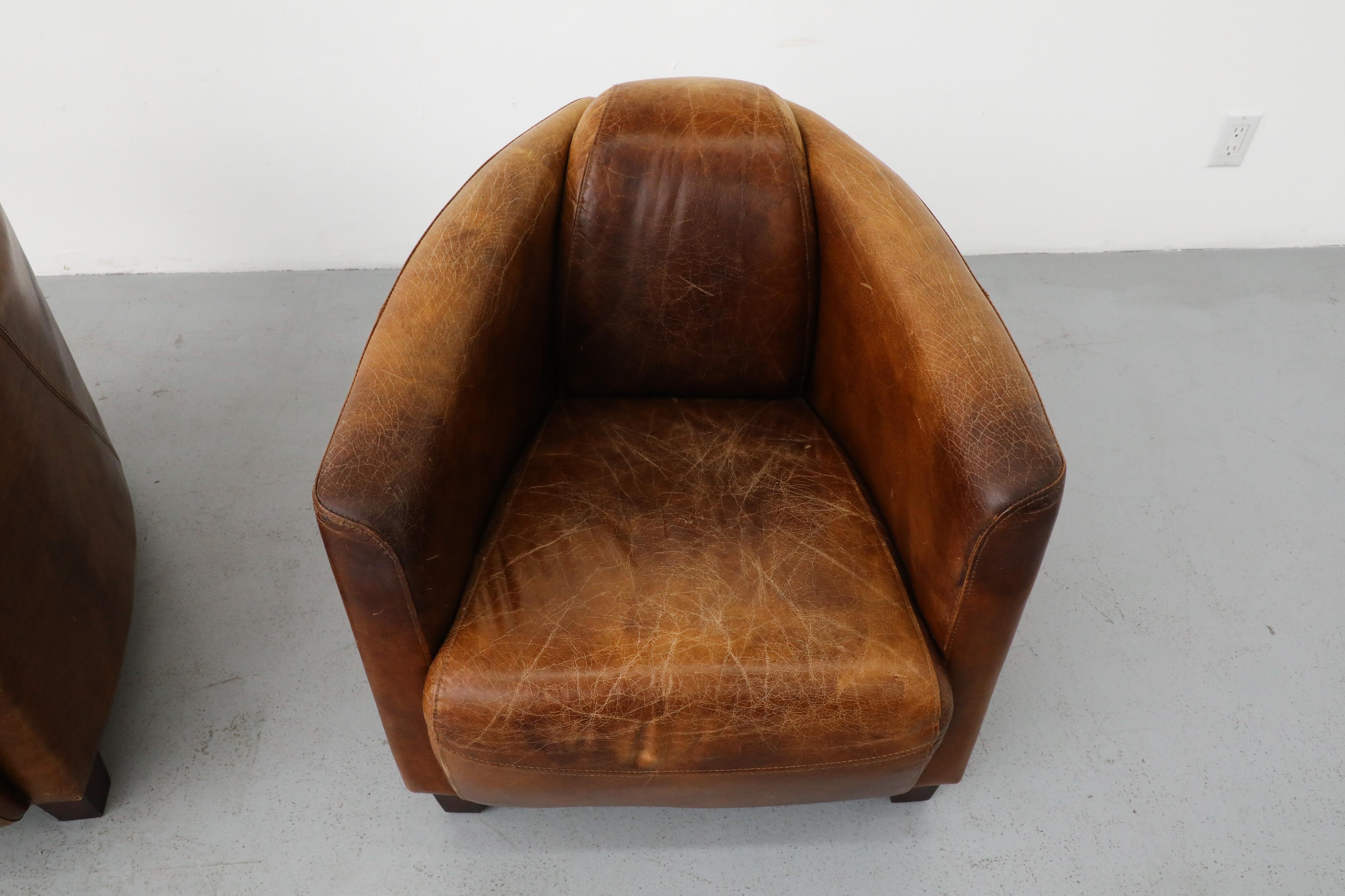 Pair of Curved Aviator Model Brown Leather Lounge Chairs 6