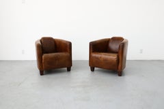 Pair of Curved Aviator Model Brown Leather Lounge Chairs