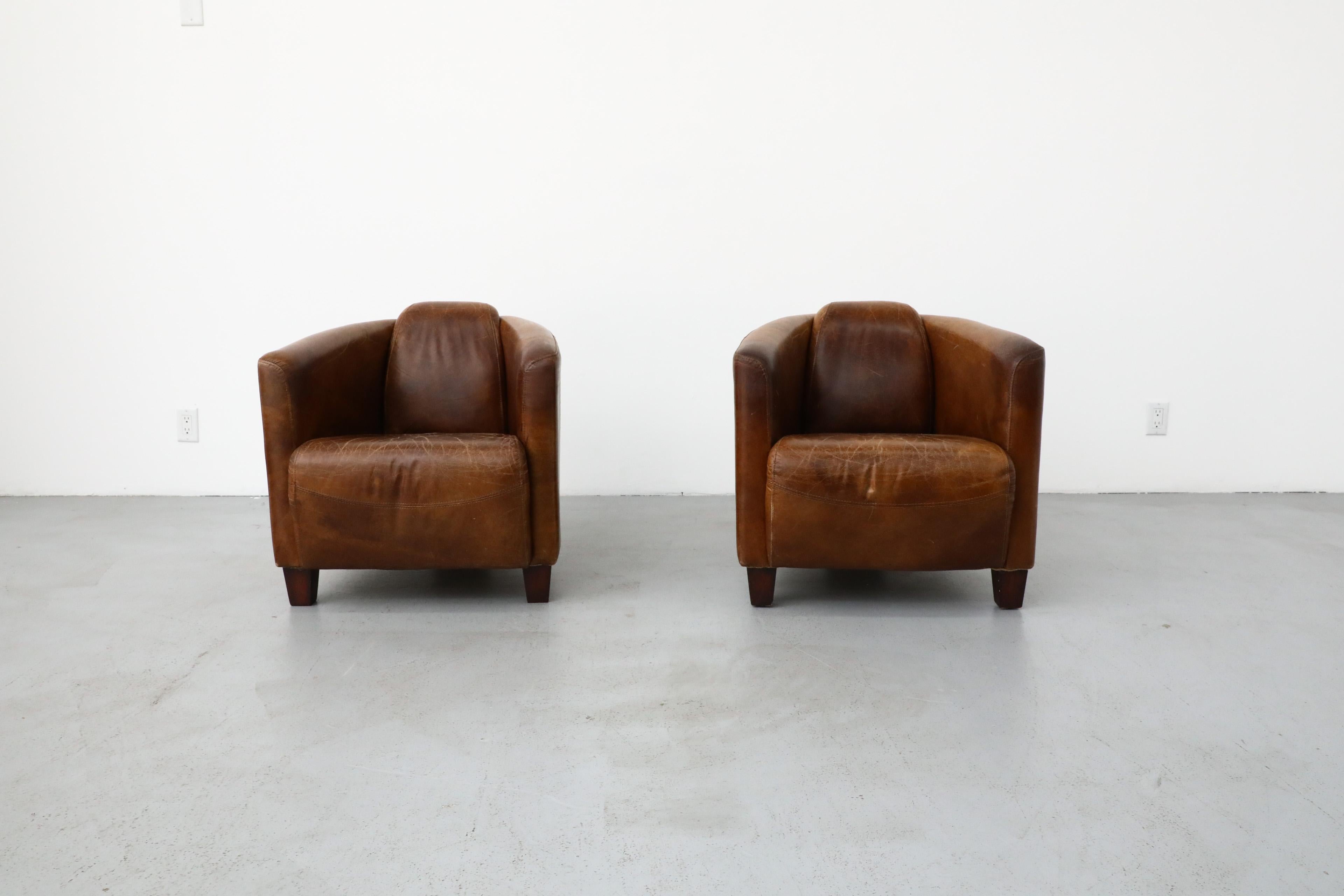 American Classical Pair of Curved Aviator Model Brown Leather Lounge Chairs