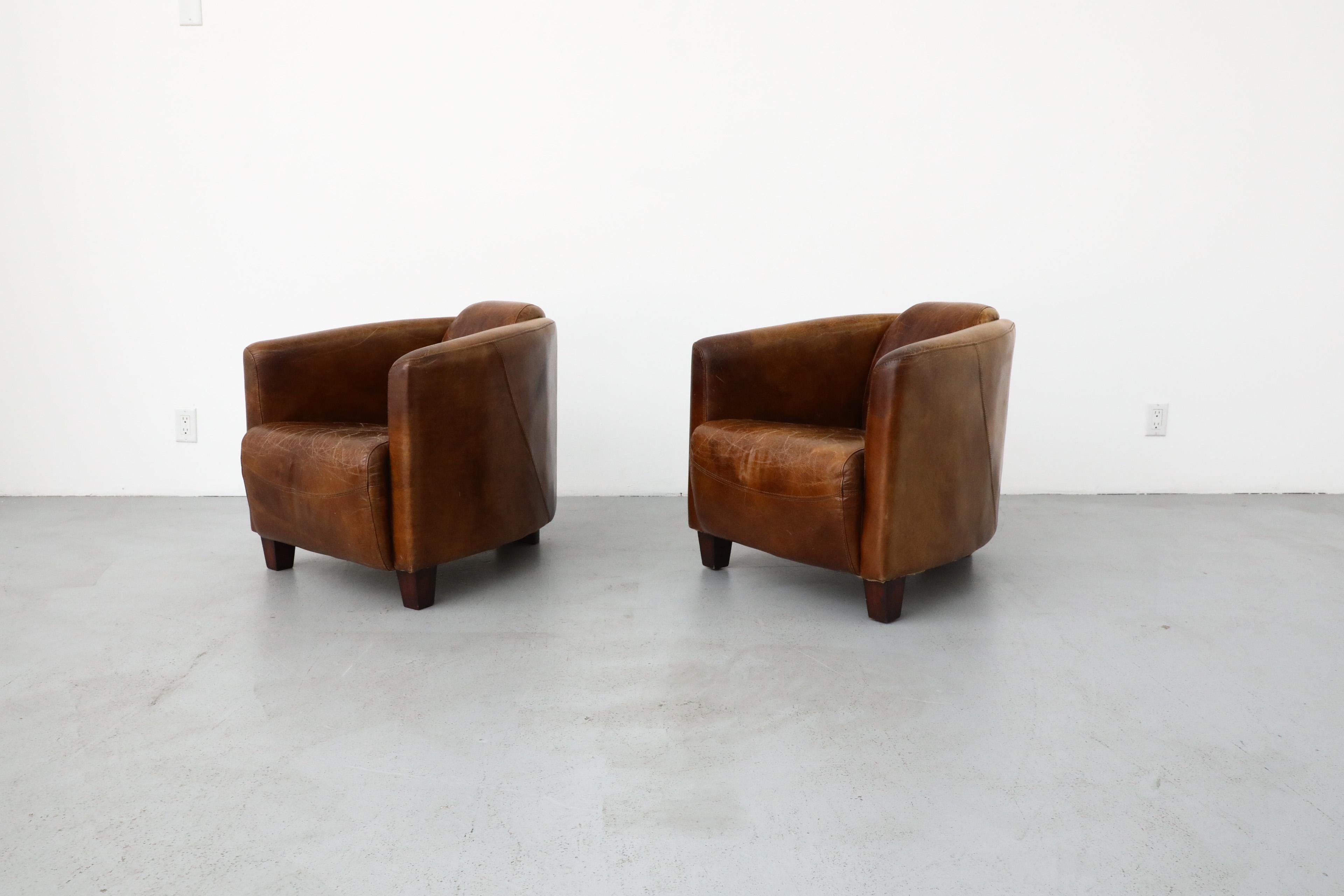 American Pair of Curved Aviator Model Brown Leather Lounge Chairs