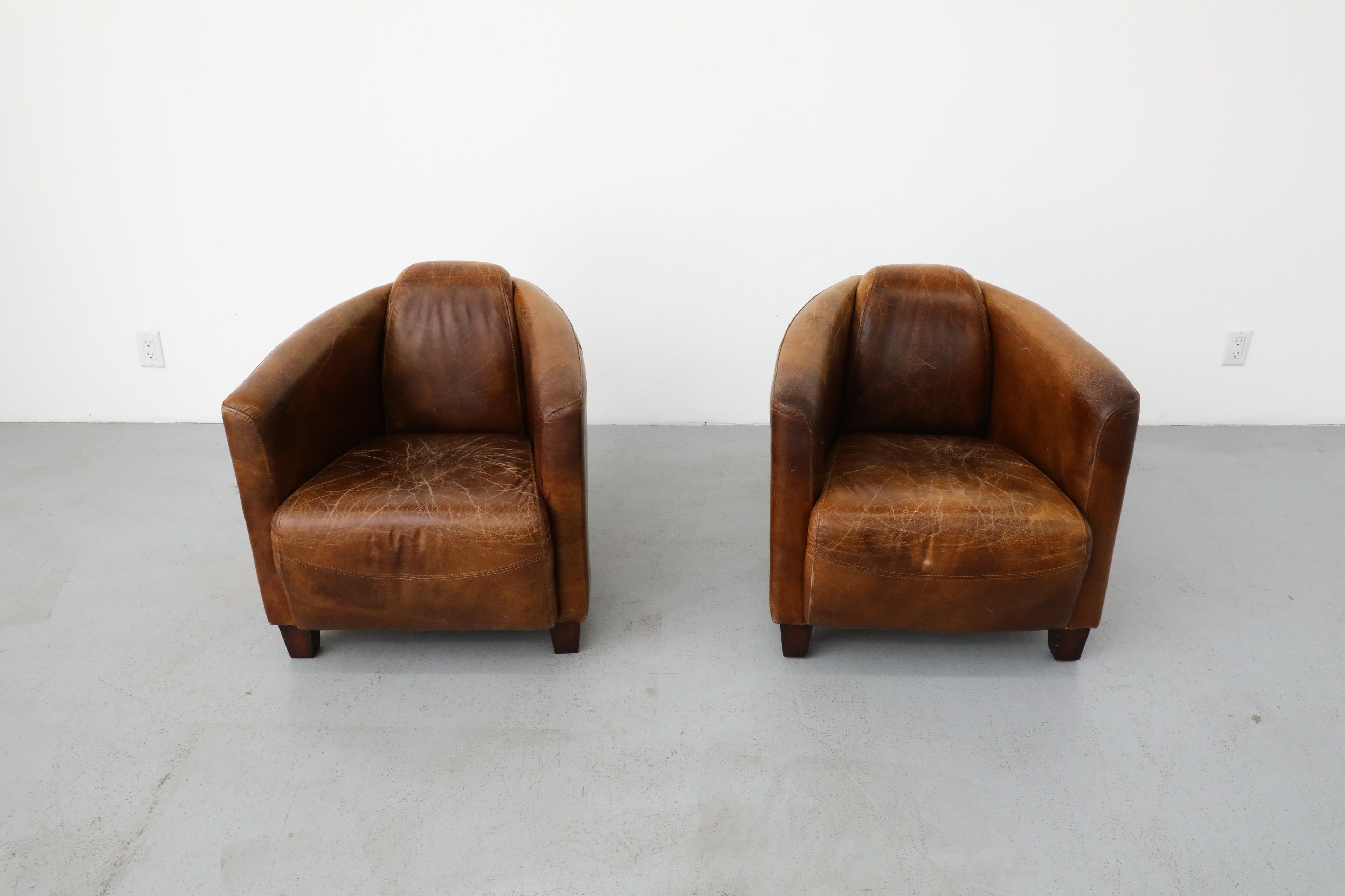 Pair of Curved Aviator Model Brown Leather Lounge Chairs 3