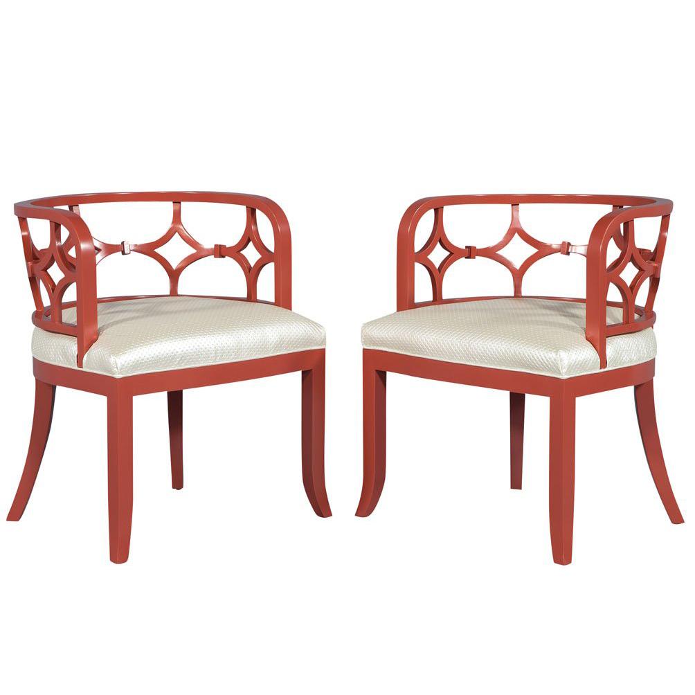 Pair of Curved Back Accent Lounge Chairs in Pale Red Lacquer