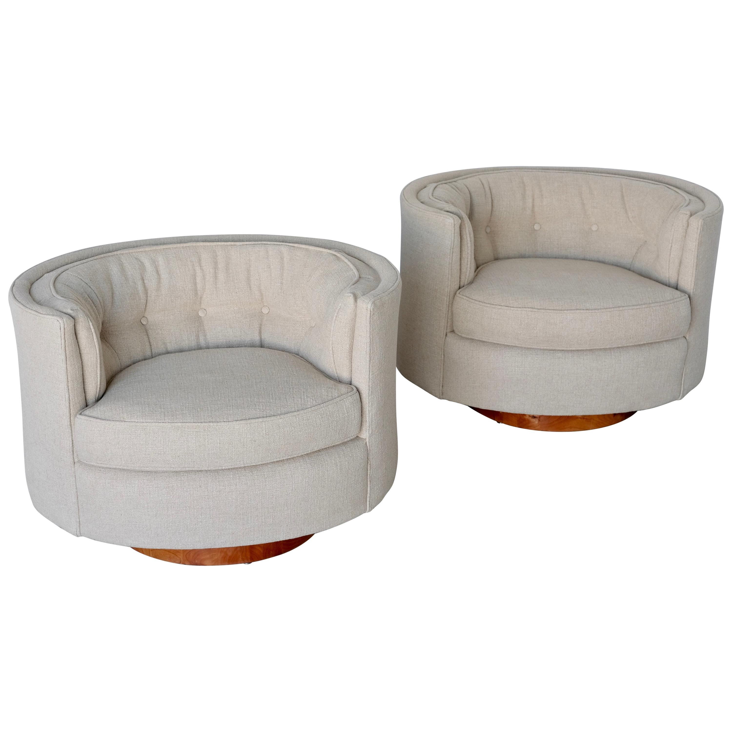 Pair of Curved Back Walnut Base Swivel Lounge Chairs at 1stDibs