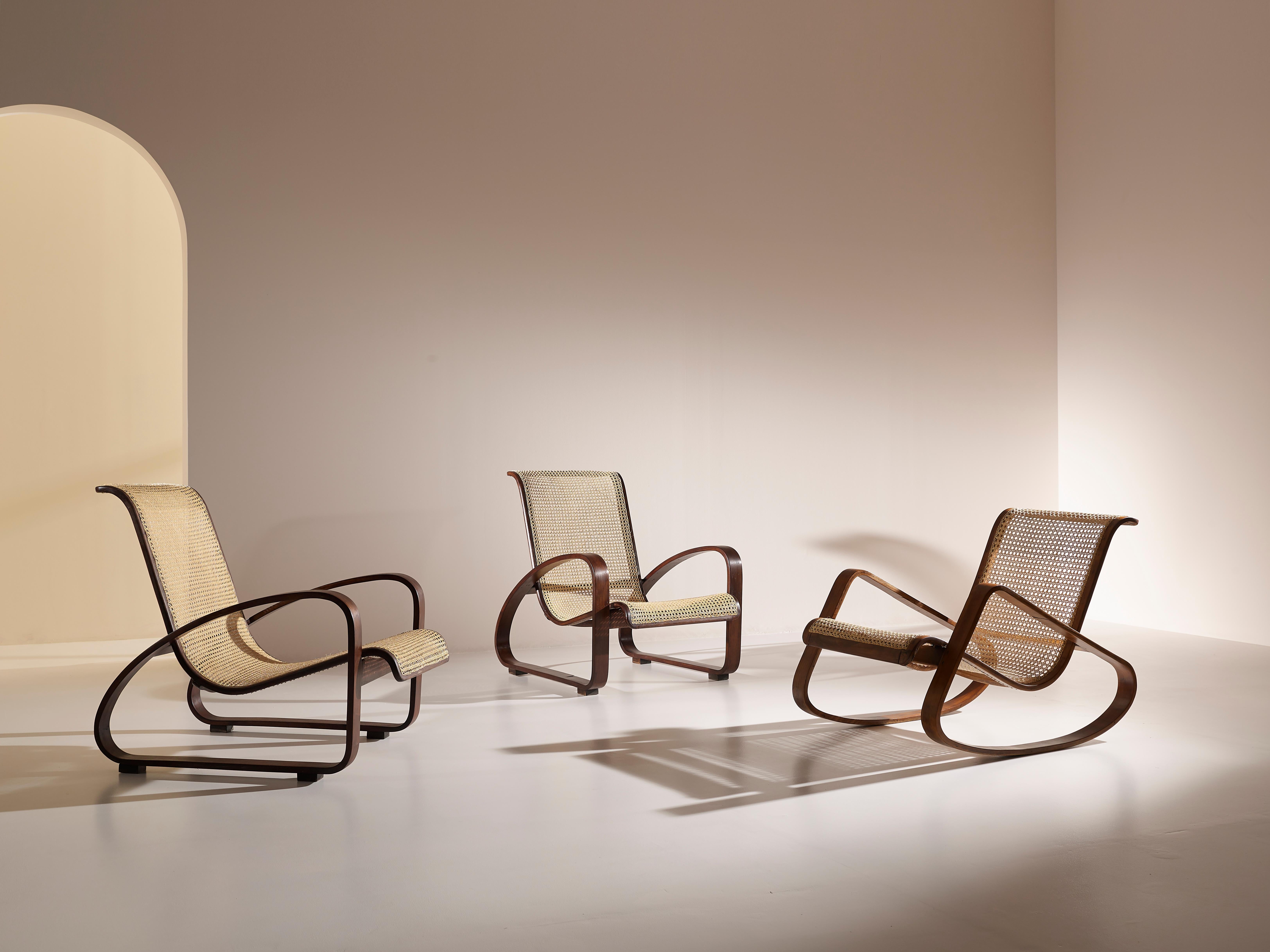 Porino, Pair of Curved Beechwood and Cane Armchairs, Italy, 1930s 7