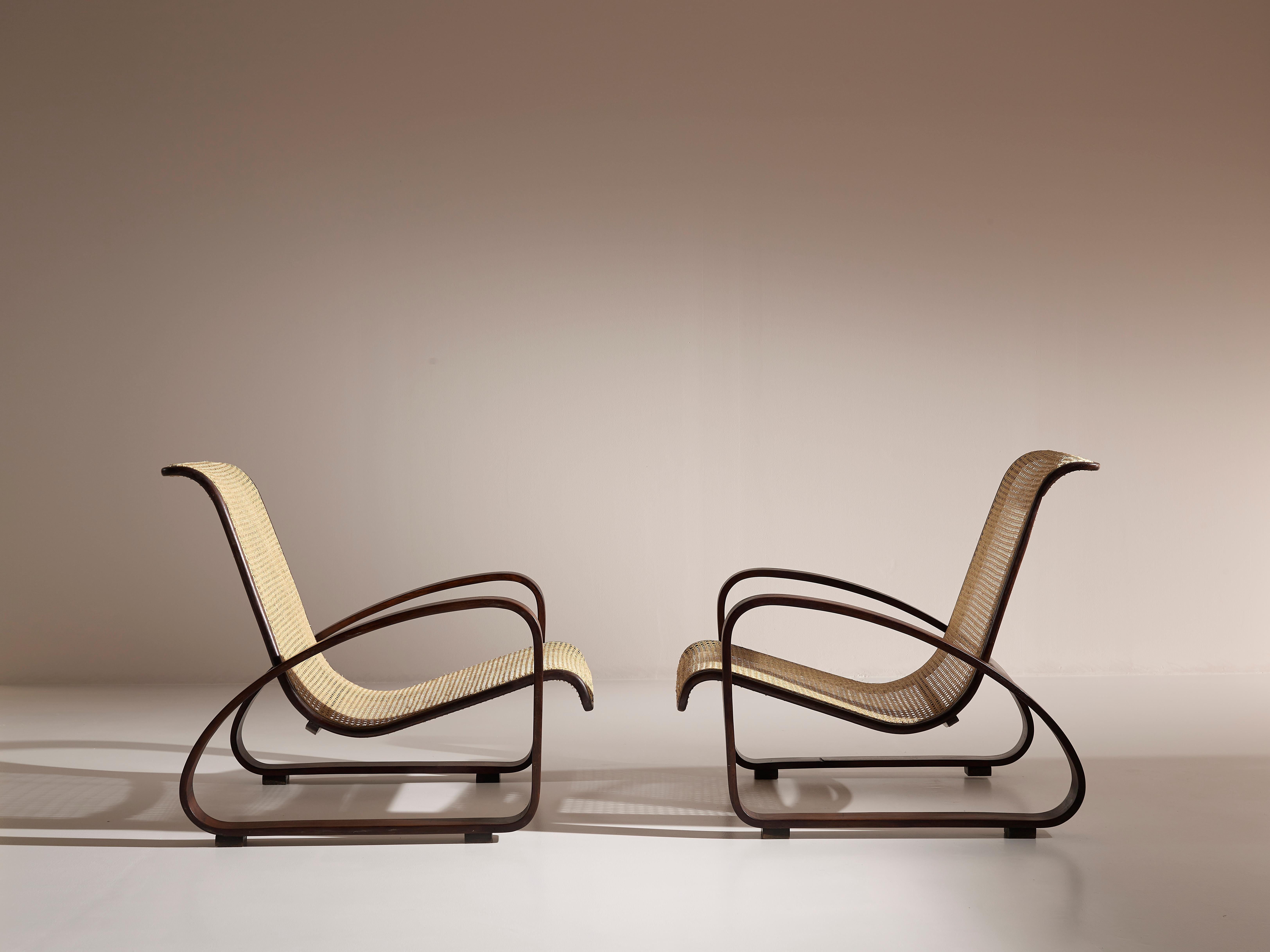Italian Porino, Pair of Curved Beechwood and Cane Armchairs, Italy, 1930s