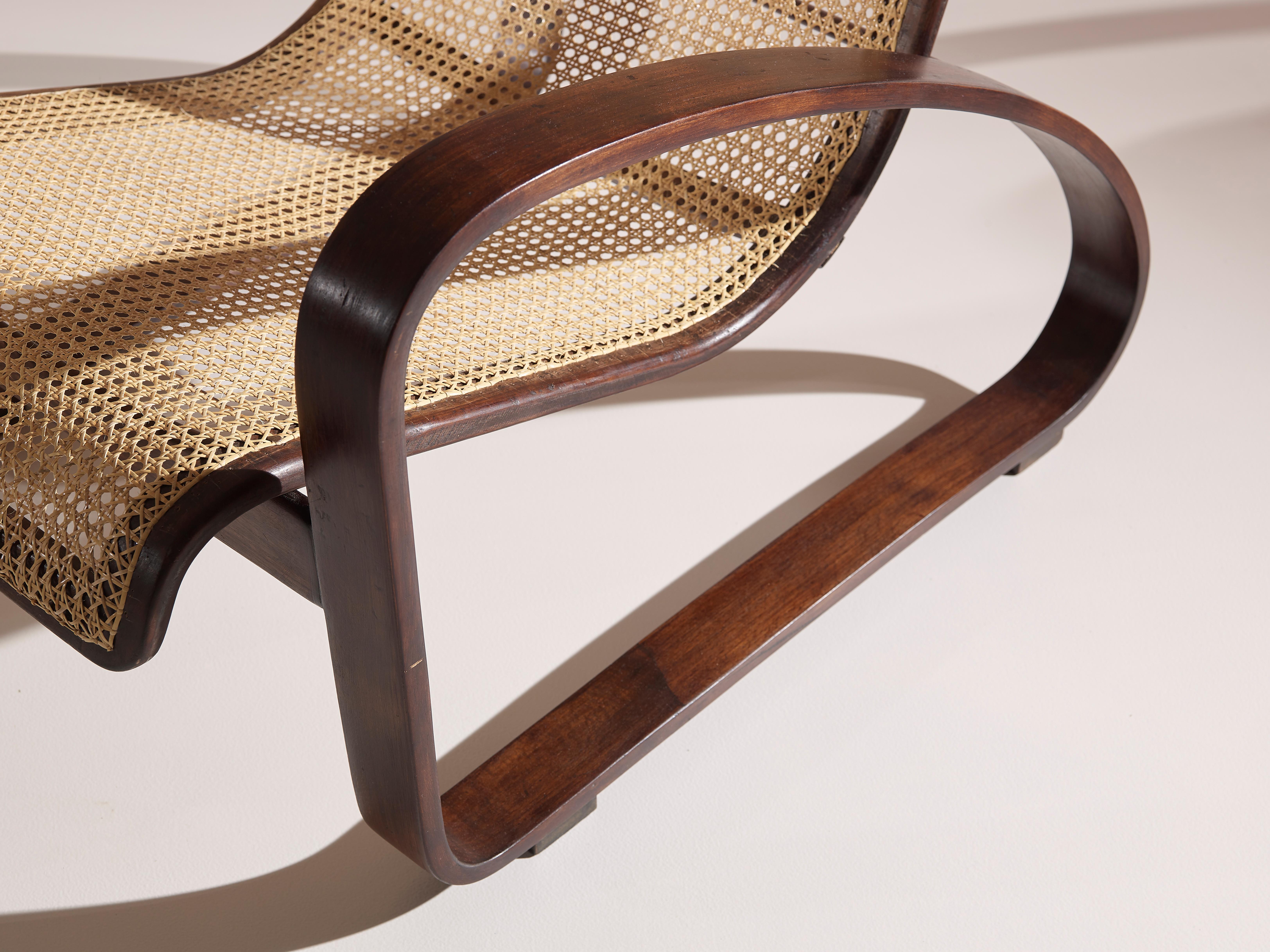 Caning Porino, Pair of Curved Beechwood and Cane Armchairs, Italy, 1930s