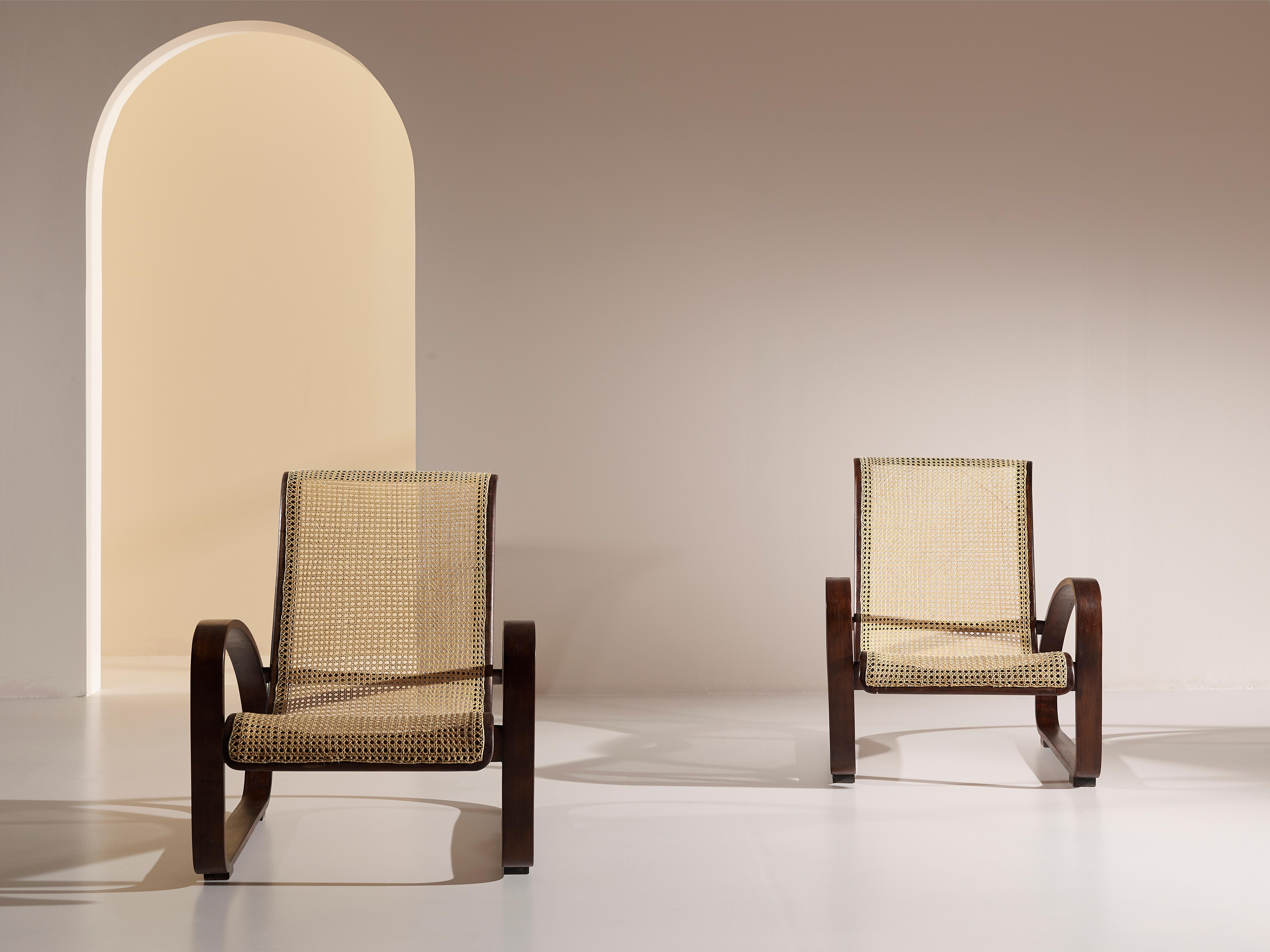 Porino, Pair of Curved Beechwood and Cane Armchairs, Italy, 1930s In Good Condition In Chiavari, Liguria
