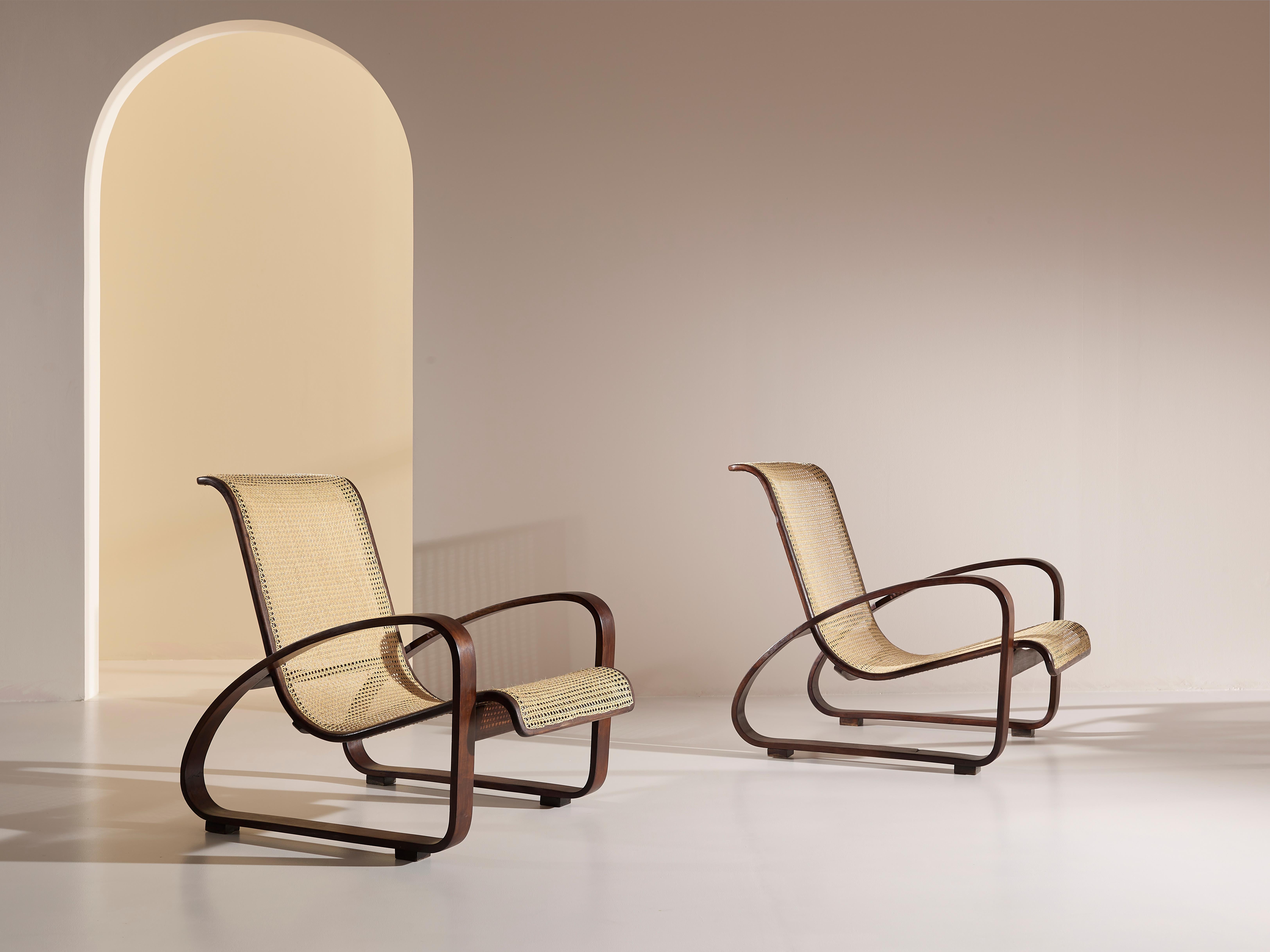 Porino, Pair of Curved Beechwood and Cane Armchairs, Italy, 1930s 3