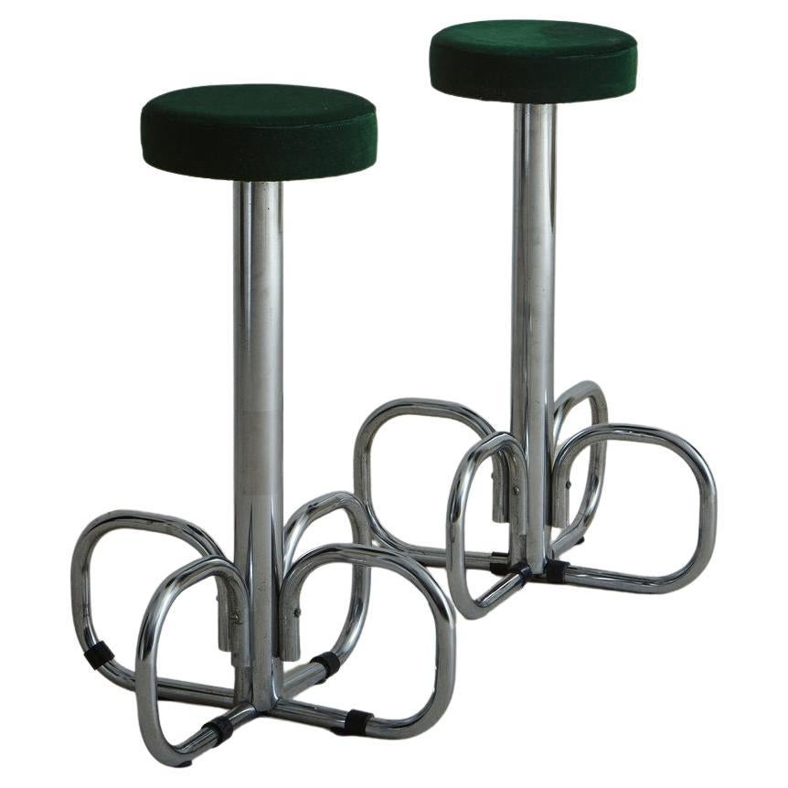 Pair of Curved Chrome Base Stools in Green Velvet, Italy 1970s For Sale