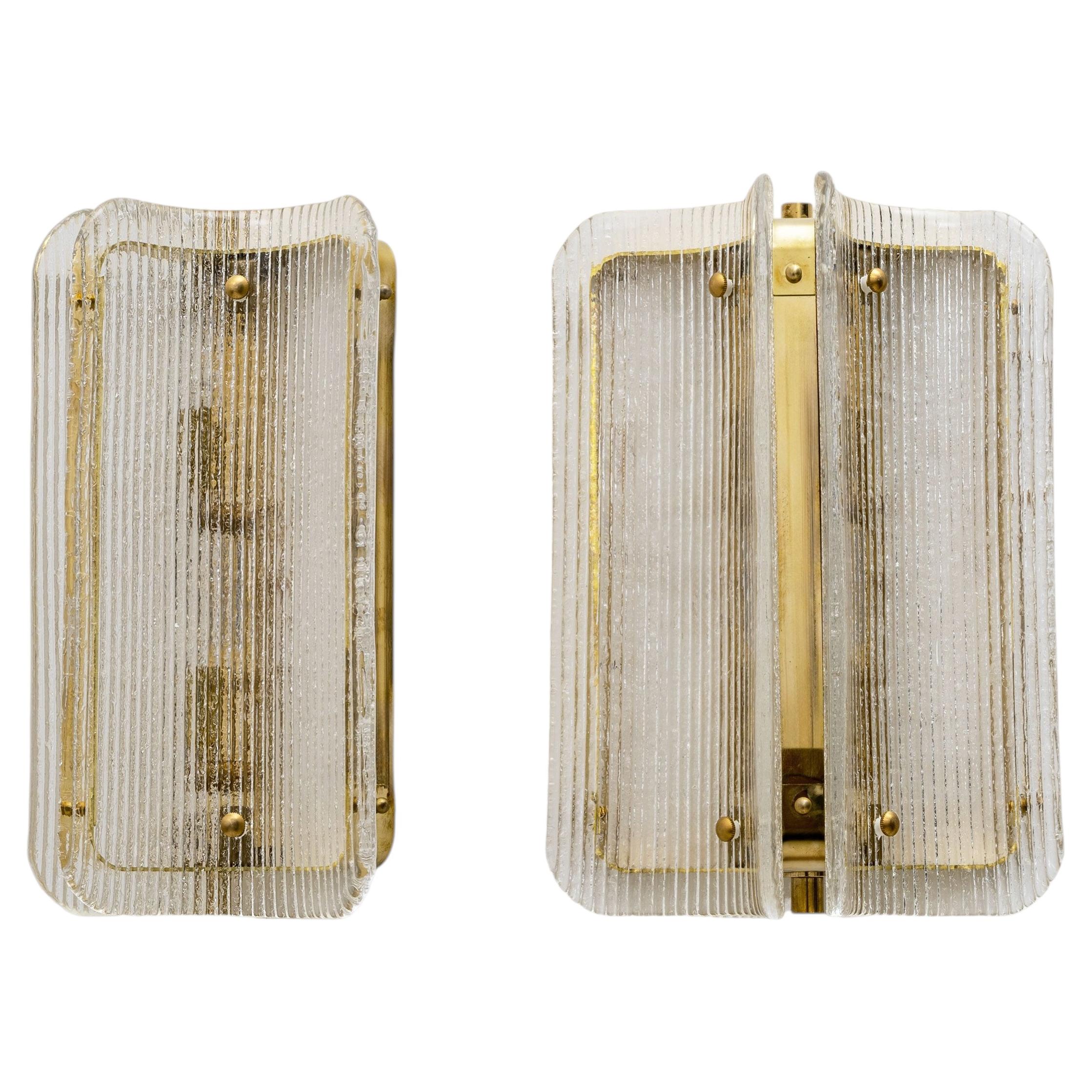 Pair of Curved, Clear, Ribbed Murano Glass and Brass Wall Sconces