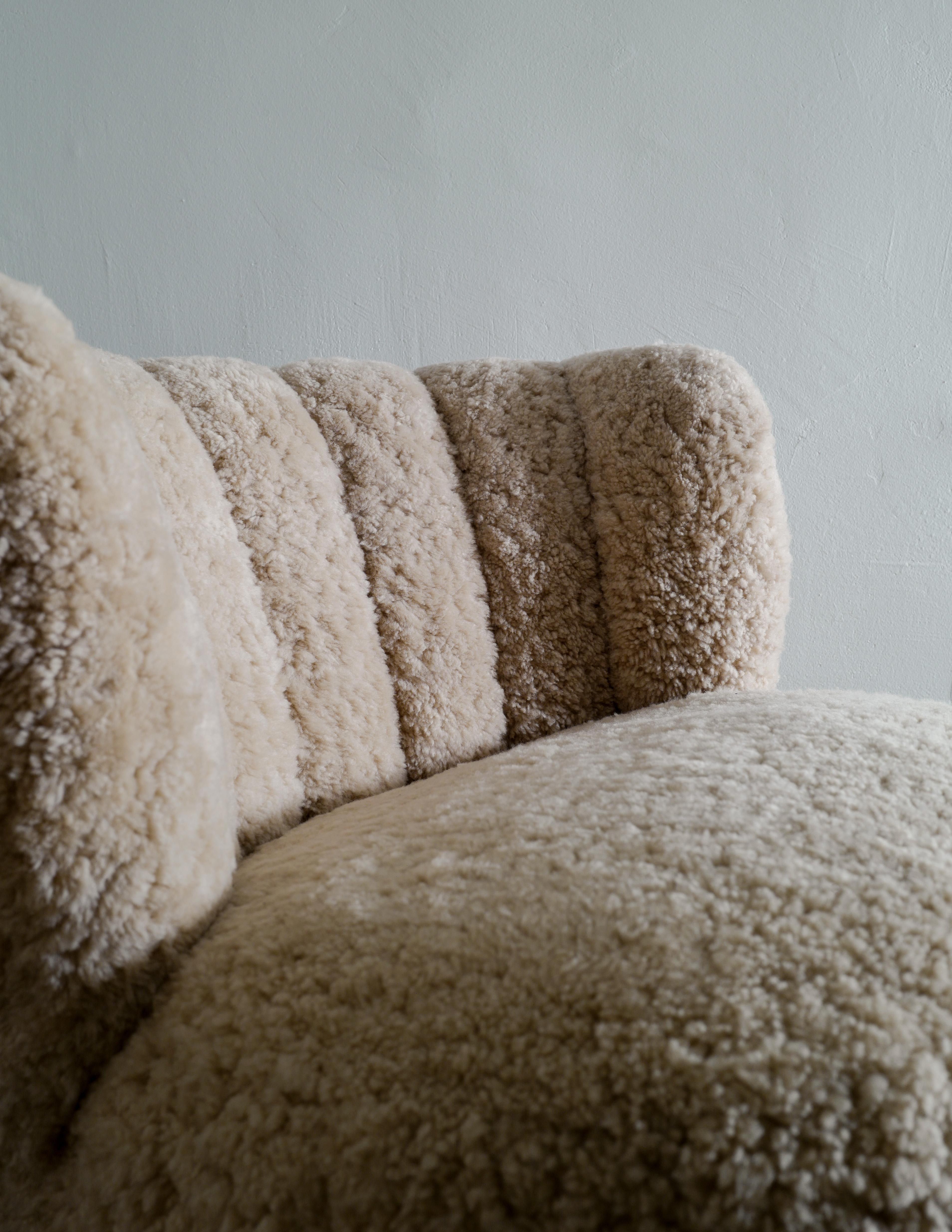 Pair of Curved Danish Easy Lounge Chairs in Sheepskin Produced in Denmark 1940s 5