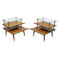 Pair of Curved Edge 3 Tiered Walnut Brass Glass Mid Century Modern End Tables