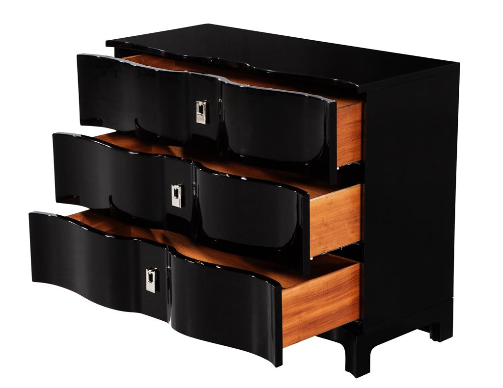 American Pair of Curved Front Black Lacquered Chests For Sale