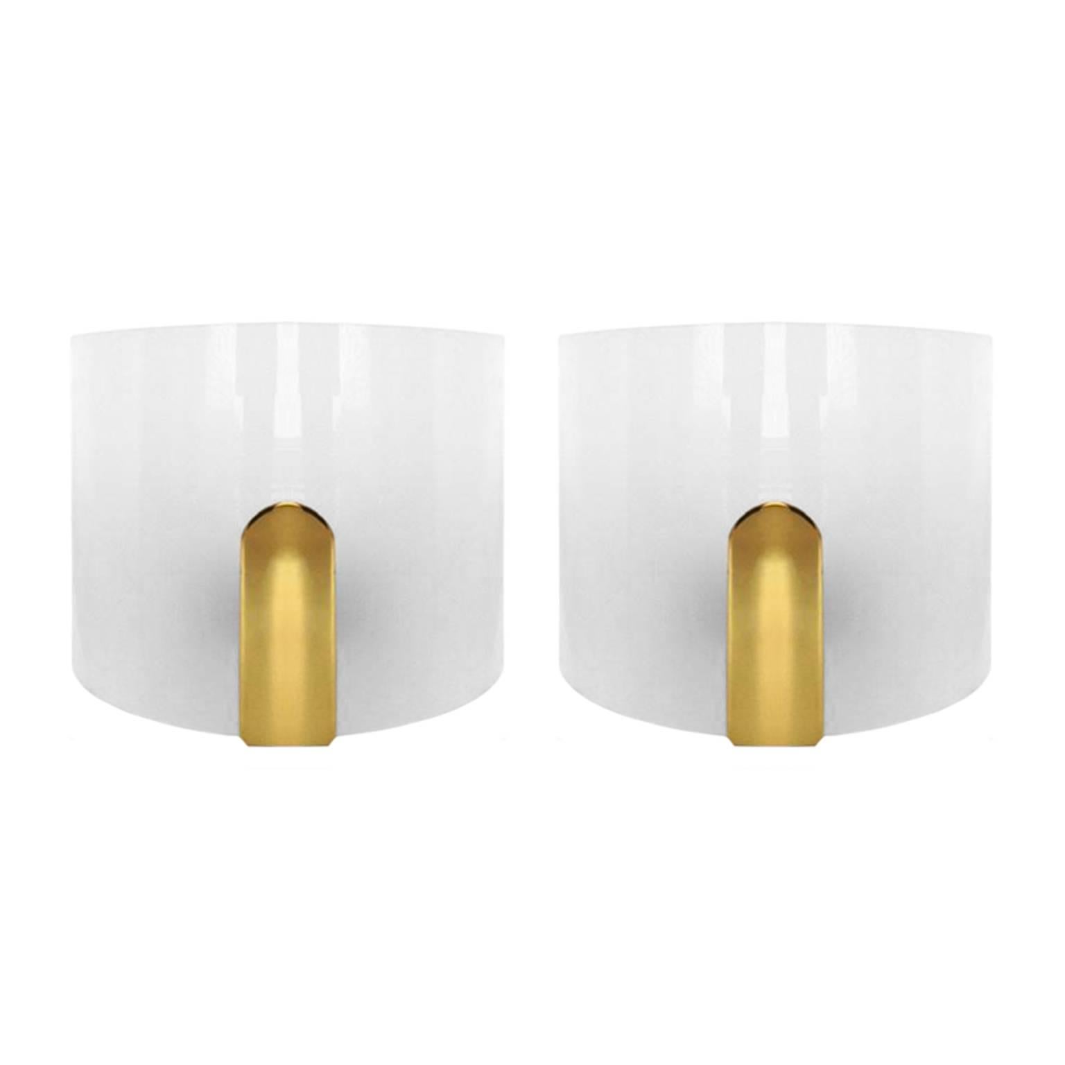 Pair of Curved Frosted Plexi and Brass Sconces