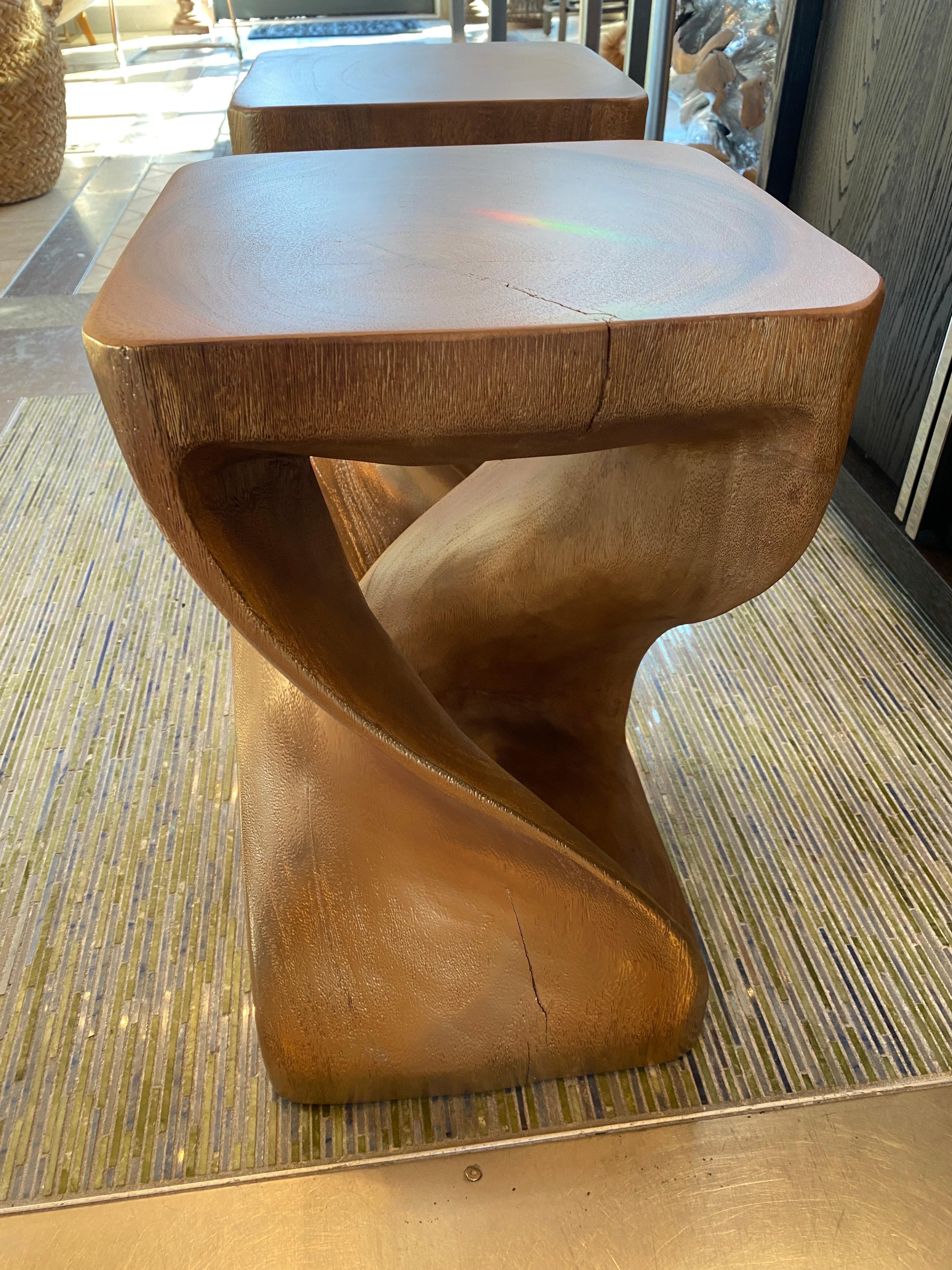 Contemporary Pair of Curved Gold / Wood Side Tables