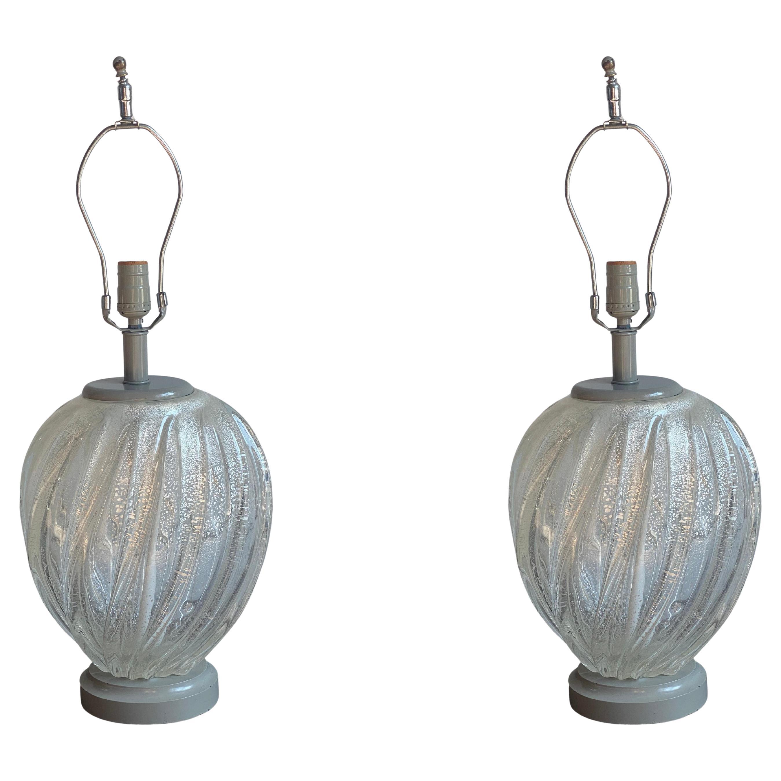 Pair of Curved Hand Blown Murano Glass Lamps For Sale