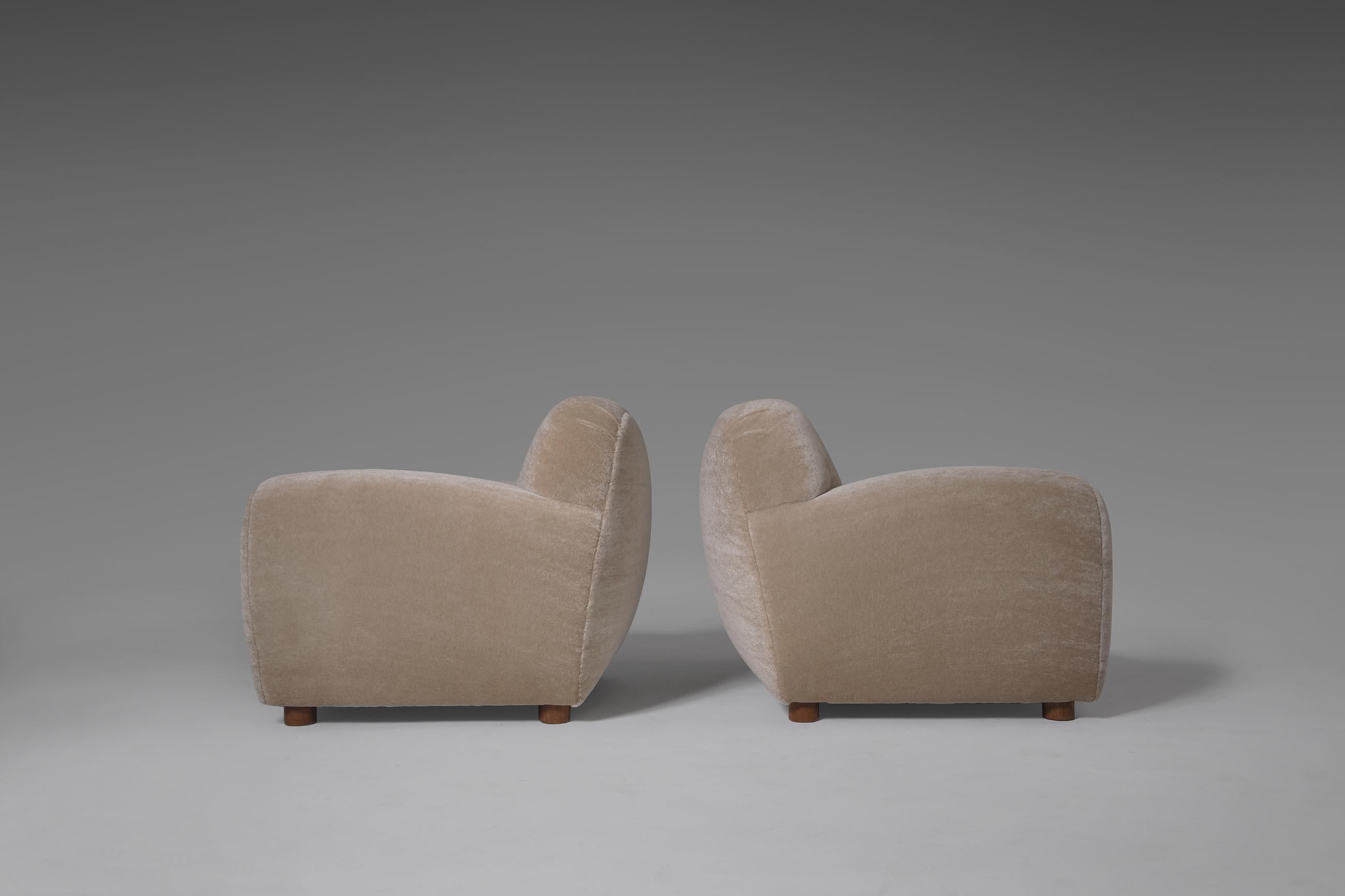 French Pair of Curved Lounge Chairs in Oak & Mohair, 1950’s