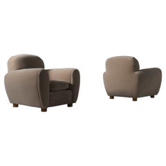 Pair of Curved Lounge Chairs in Oak & Mohair, 1950s