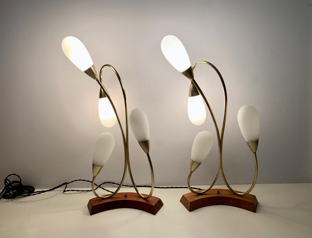 Pair of Curved Mahogany & Brass Lamps with Four White Glass Teardrop Shades For Sale 4