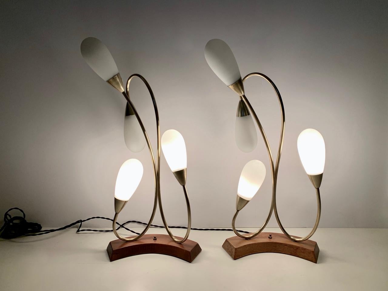 Pair of Curved Mahogany & Brass Lamps with Four White Glass Teardrop Shades For Sale 5